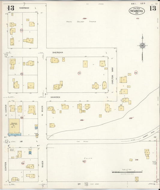 Sanborn Fire Insurance Map from Newberg, Yamhill County, Oregon (1934), Sheet #0013 - Historic Sanborn Fire Insurance Map Print, vintage old map wall art, antique decor, genealogy gift, Oregon Oregon map
