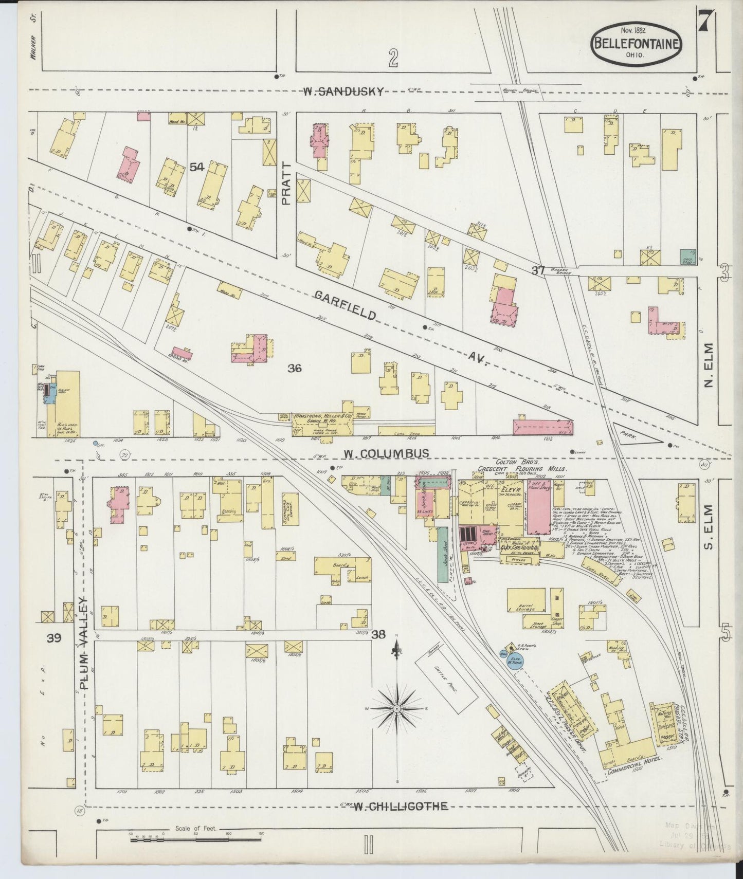 Sanborn Fire Insurance Map from Bellefontaine, Logan County, Ohio (1892), Sheet #0007 - Historic Sanborn Fire Insurance Map Print, vintage old map wall art, antique decor, genealogy gift, Ohio Ohio map