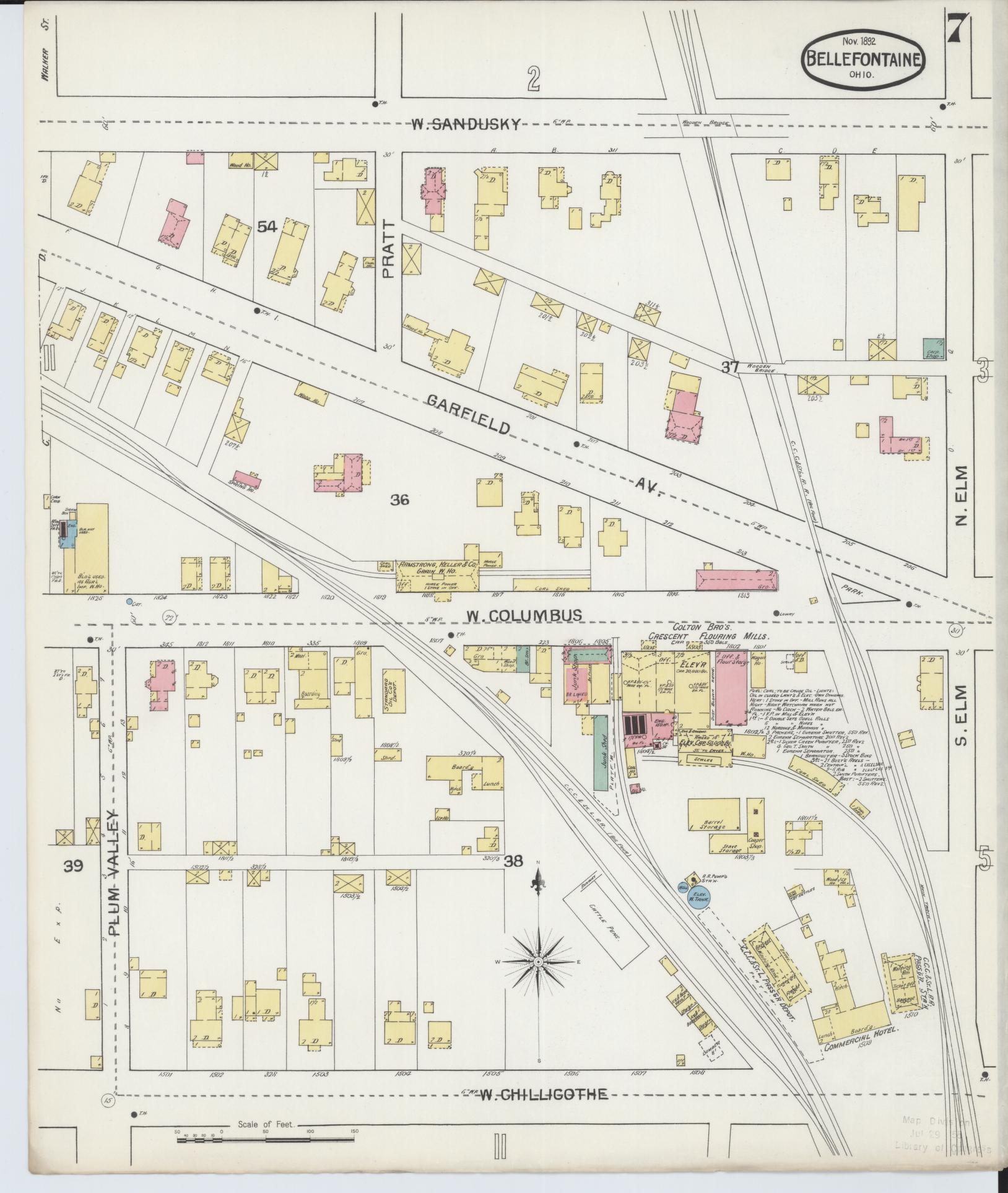 Sanborn Fire Insurance Map from Bellefontaine, Logan County, Ohio (1892), Sheet #0007 - Historic Sanborn Fire Insurance Map Print, vintage old map wall art, antique decor, genealogy gift, Ohio Ohio map