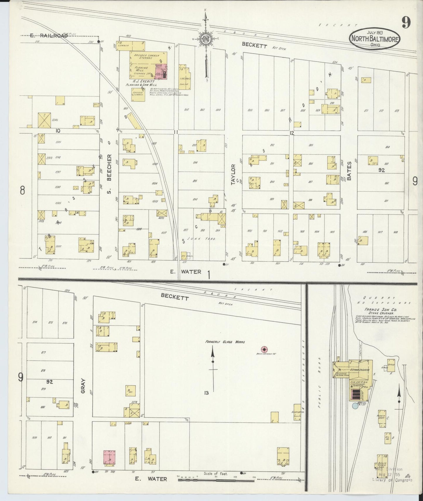 Sanborn Fire Insurance Map from North Baltimore, Wood County, Ohio (1913), Sheet #0009 - Historic Sanborn Fire Insurance Map Print, vintage old map wall art, antique decor, genealogy gift, Ohio Ohio map