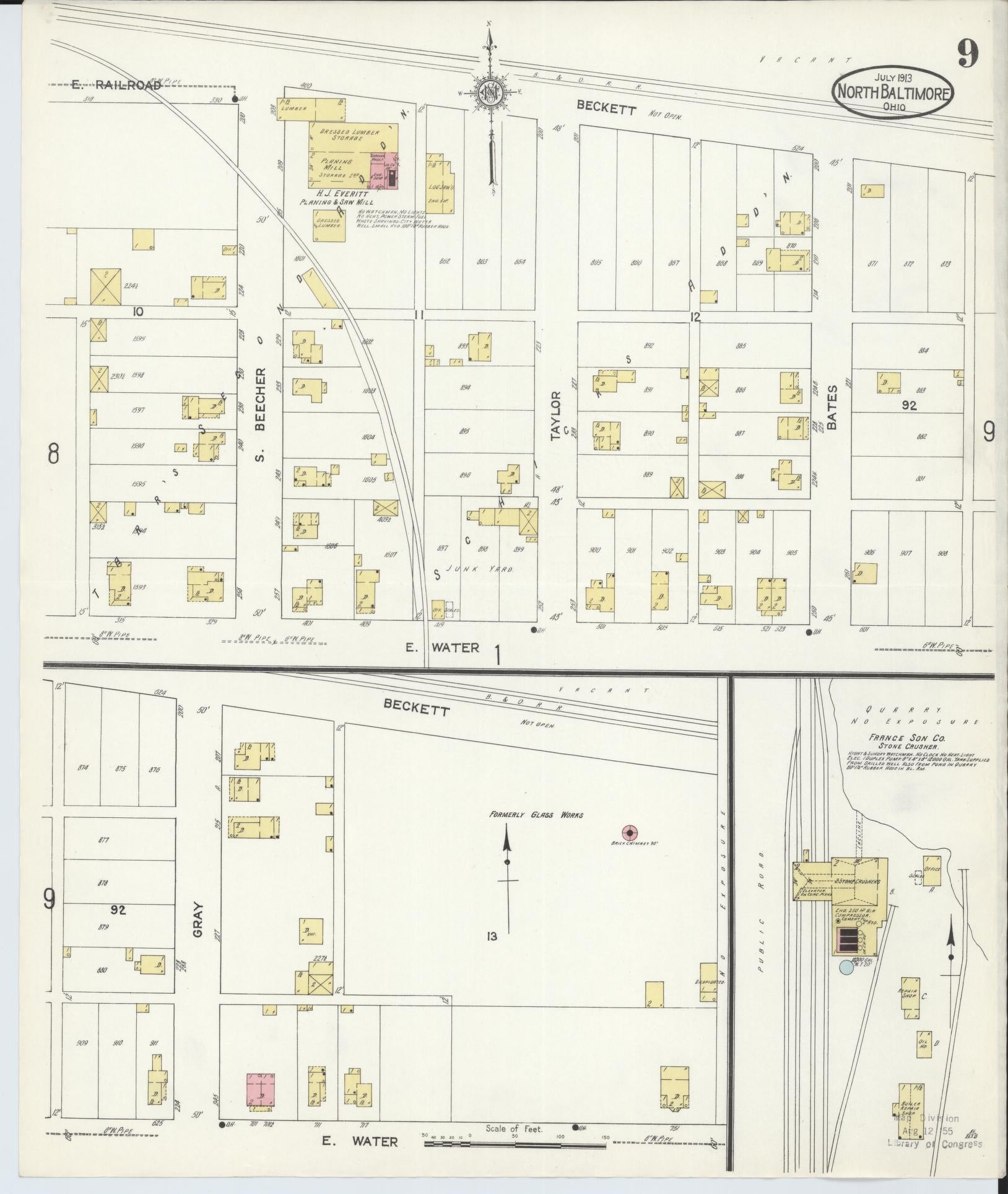 Sanborn Fire Insurance Map from North Baltimore, Wood County, Ohio (1913), Sheet #0009 - Historic Sanborn Fire Insurance Map Print, vintage old map wall art, antique decor, genealogy gift, Ohio Ohio map