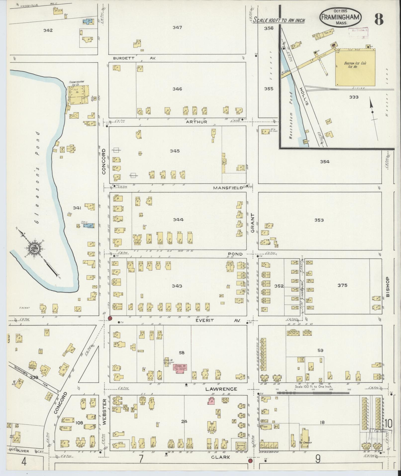 Sanborn Fire Insurance Map from Framingham, Middlesex County, Massachusetts (1915), Sheet #0008 - Complete Map Set gallery image, historic Sanborn map, vintage wall art, Massachusetts Massachusetts