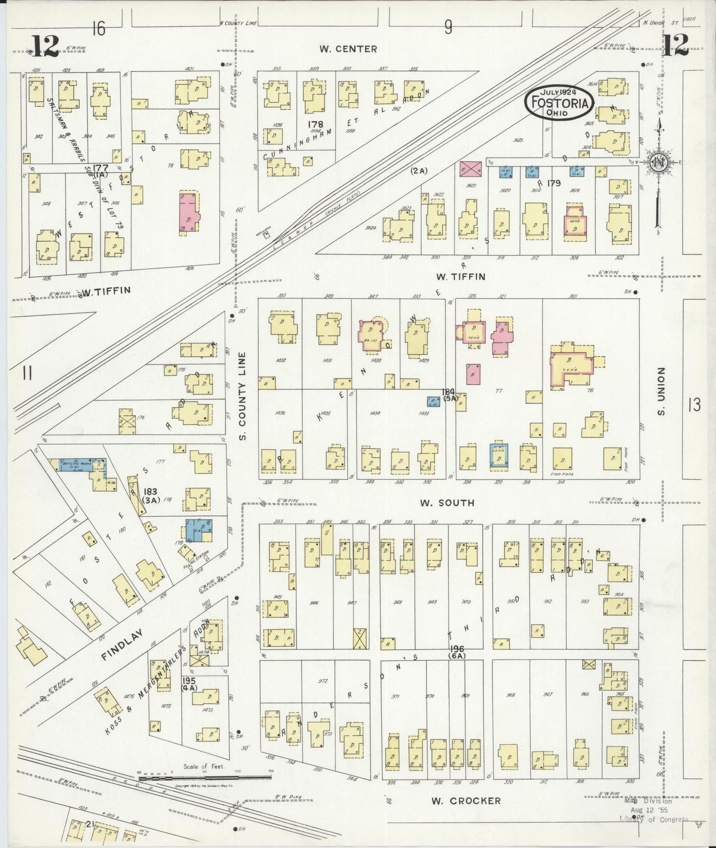 Sanborn Fire Insurance Map from Fostoria, Seneca, Hancock, And Wood Counties, Ohio (1924), Sheet #0012 - Historic Sanborn Fire Insurance Map Print, vintage old map wall art, antique decor, genealogy gift, Ohio Ohio map