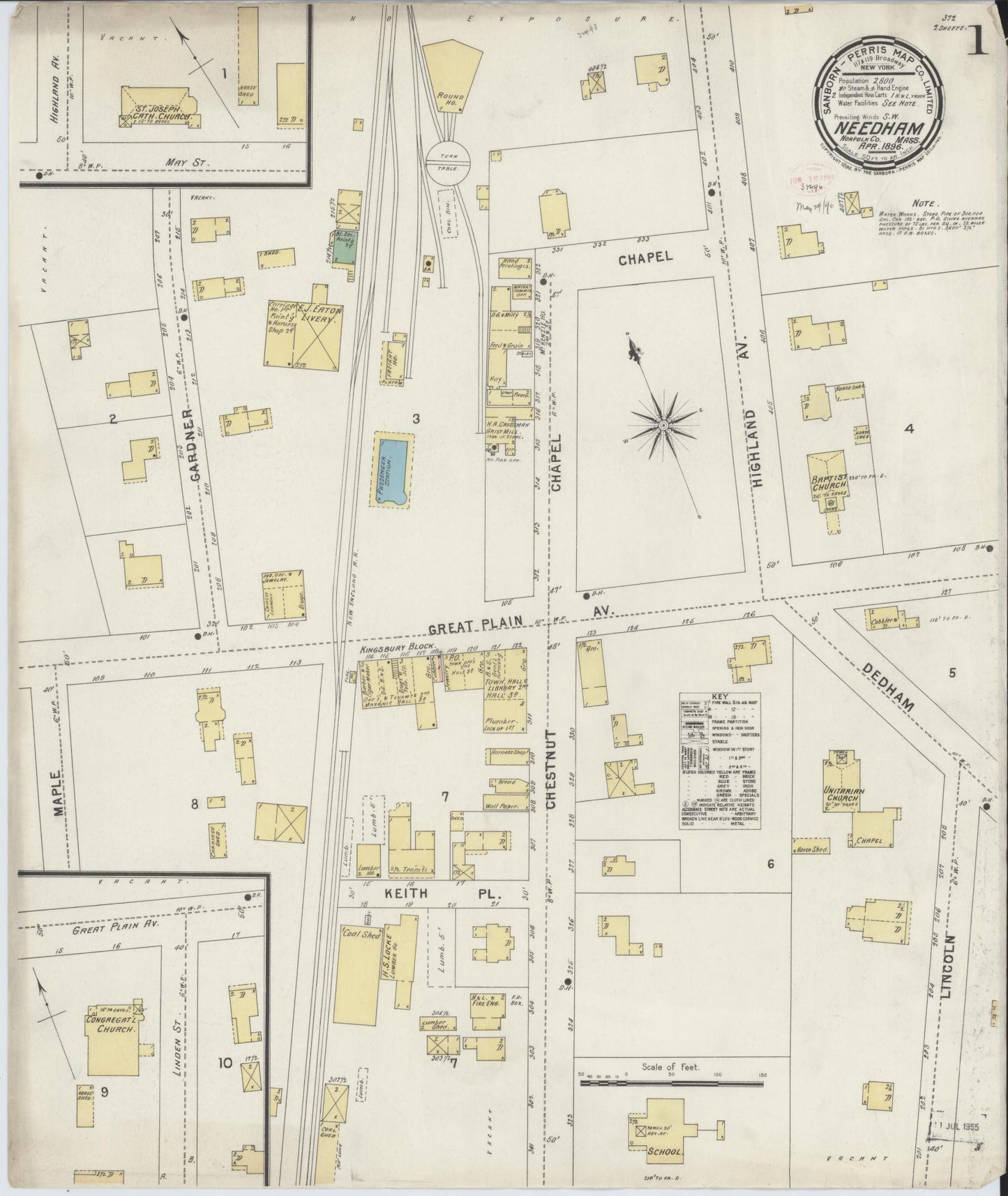 Sanborn Fire Insurance Map from Needham, Norfolk County, Massachusetts (1896), Sheet #0001 - Complete Map Set gallery image, historic Sanborn map, vintage wall art, Massachusetts Massachusetts