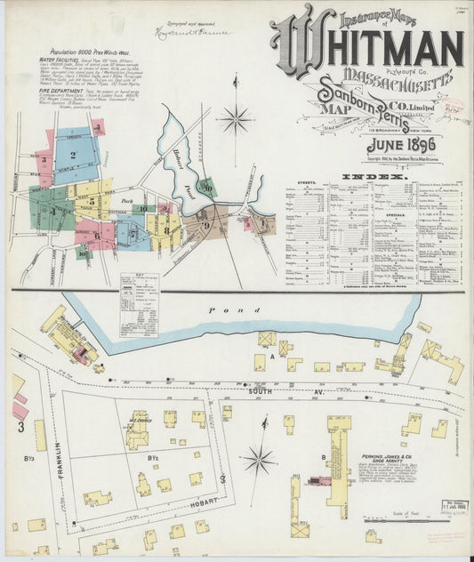 Sanborn Fire Insurance Map from Whitman, Plymouth County, Massachusetts (1896), Sheet #0001 - Complete Map Set gallery image, historic Sanborn map, vintage wall art, Massachusetts Massachusetts