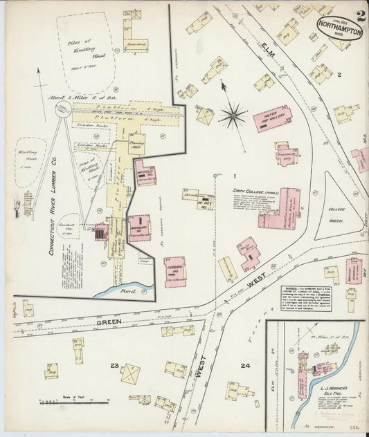 Sanborn Fire Insurance Map from Northampton, Hampshire County, Massachusetts (1884), Sheet #0002 - Historic Sanborn Fire Insurance Map Print, vintage old map wall art, antique decor, genealogy gift, Massachusetts Massachusetts map