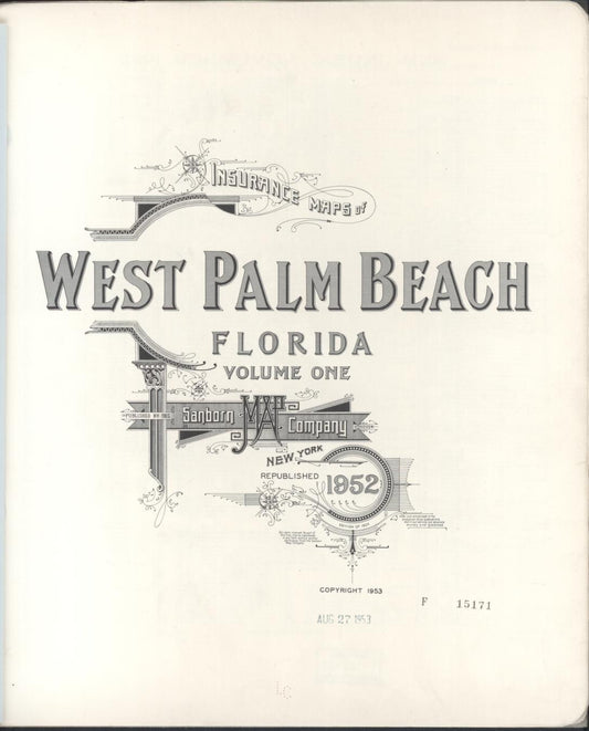 Sanborn Fire Insurance Map from West Palm Beach, Dade County, Florida (1952), Sheet #0001 - Complete Map Set gallery image, historic Sanborn map, vintage wall art, Florida Florida
