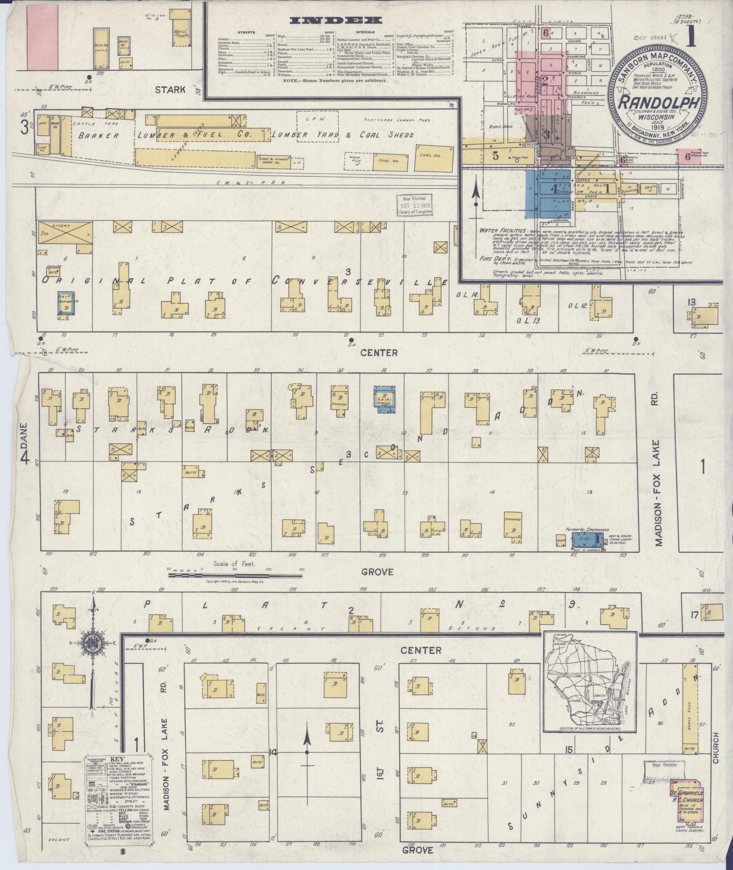 Sanborn Fire Insurance Map from Randolph, Columbia and Dodge Counties, Wisconsin (1919), Sheet #0001 - Historic Sanborn Fire Insurance Map Print, vintage old map wall art, antique decor, genealogy gift, Wisconsin Wisconsin map