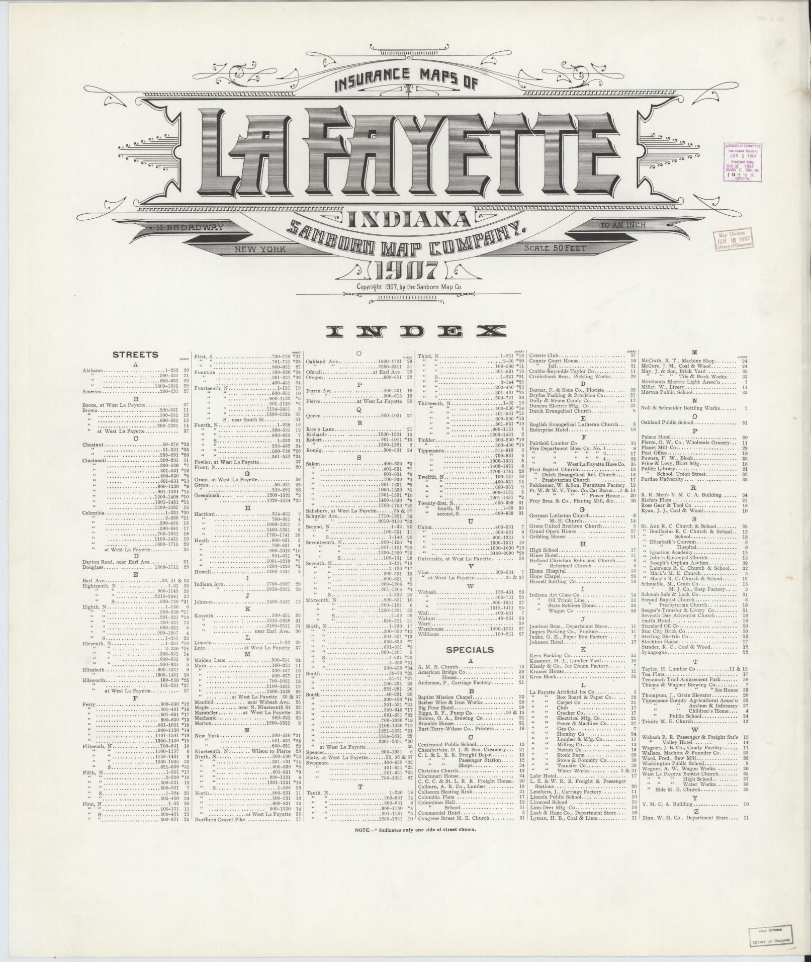 Sanborn Fire Insurance Map from Lafayette, Tippecanoe County, Indiana. (1907) – Historic Sanborn Fire Insurance Map Print