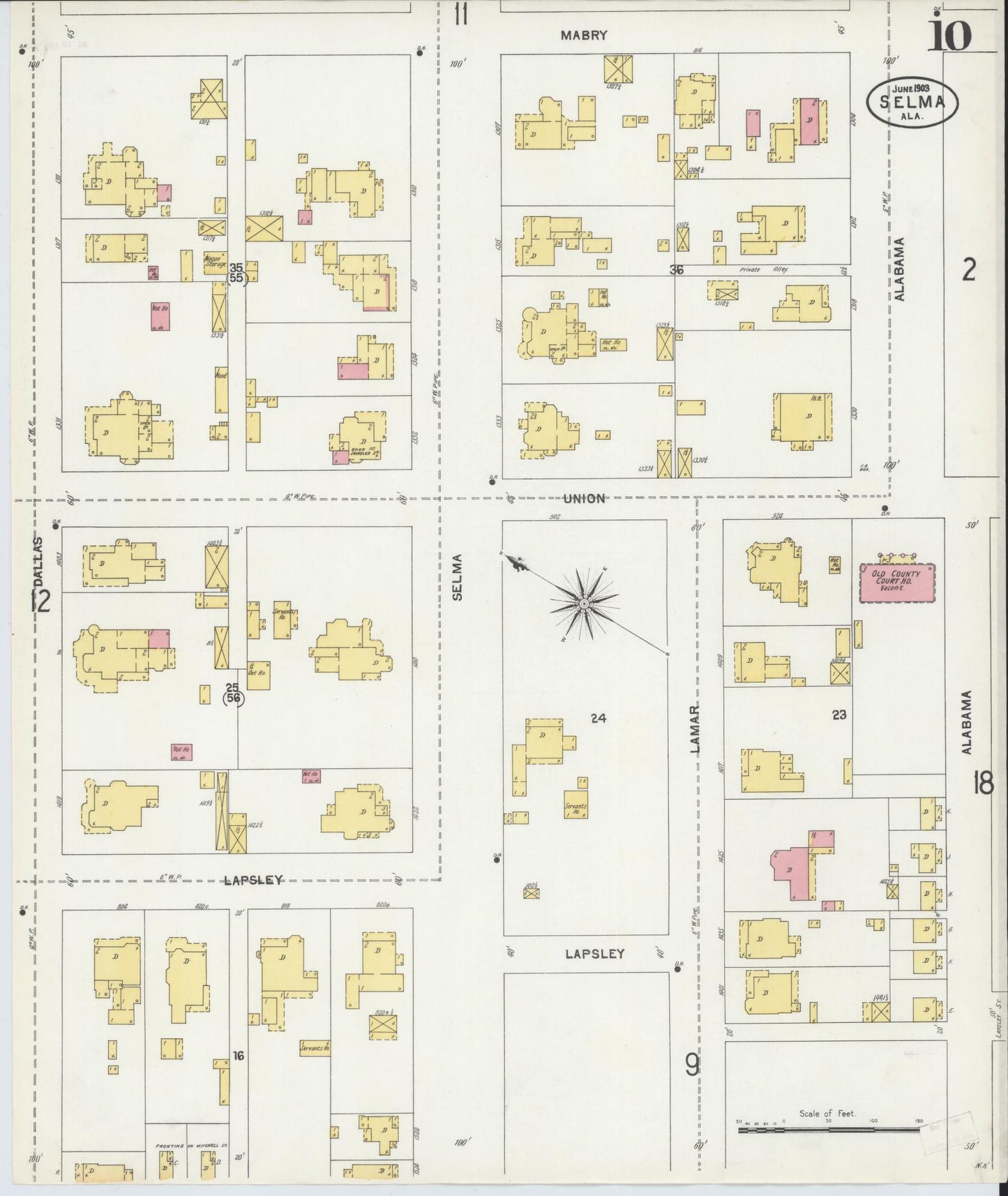 Sanborn Fire Insurance Map from Selma, Dallas County, Alabama (1903), Sheet #0010 - Complete Map Set gallery image, historic Sanborn map, vintage wall art, Alabama Alabama