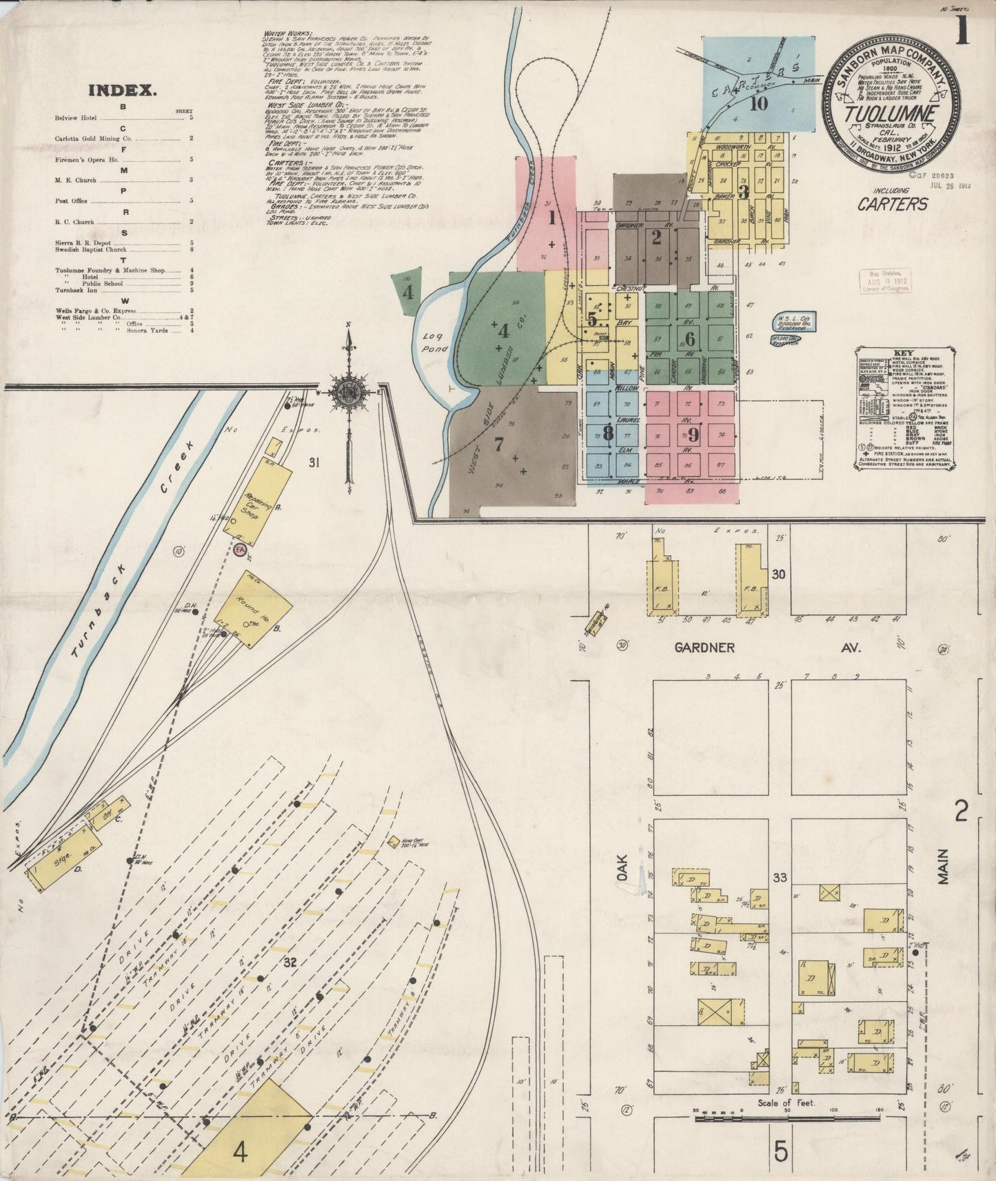 Sanborn Fire Insurance Map from Tuolumne, Tuolumne County, California (1912), Sheet #0001 - Complete Map Set gallery image, historic Sanborn map, vintage wall art, California California