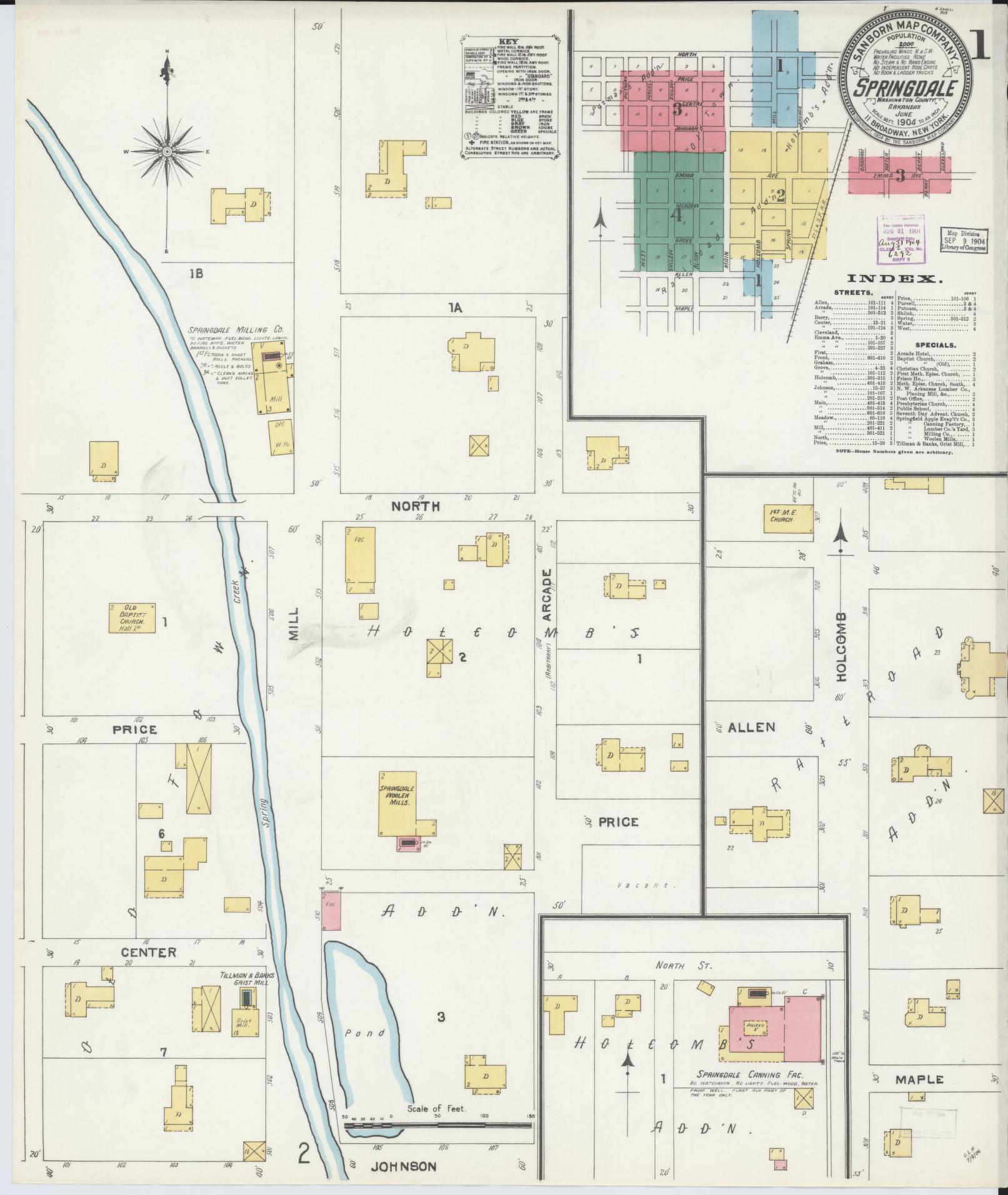 Sanborn Fire Insurance Map from Springdale, Washington County, Arkansas (1904), Sheet #0001 - Complete Map Set gallery image, historic Sanborn map, vintage wall art, Arkansas Arkansas