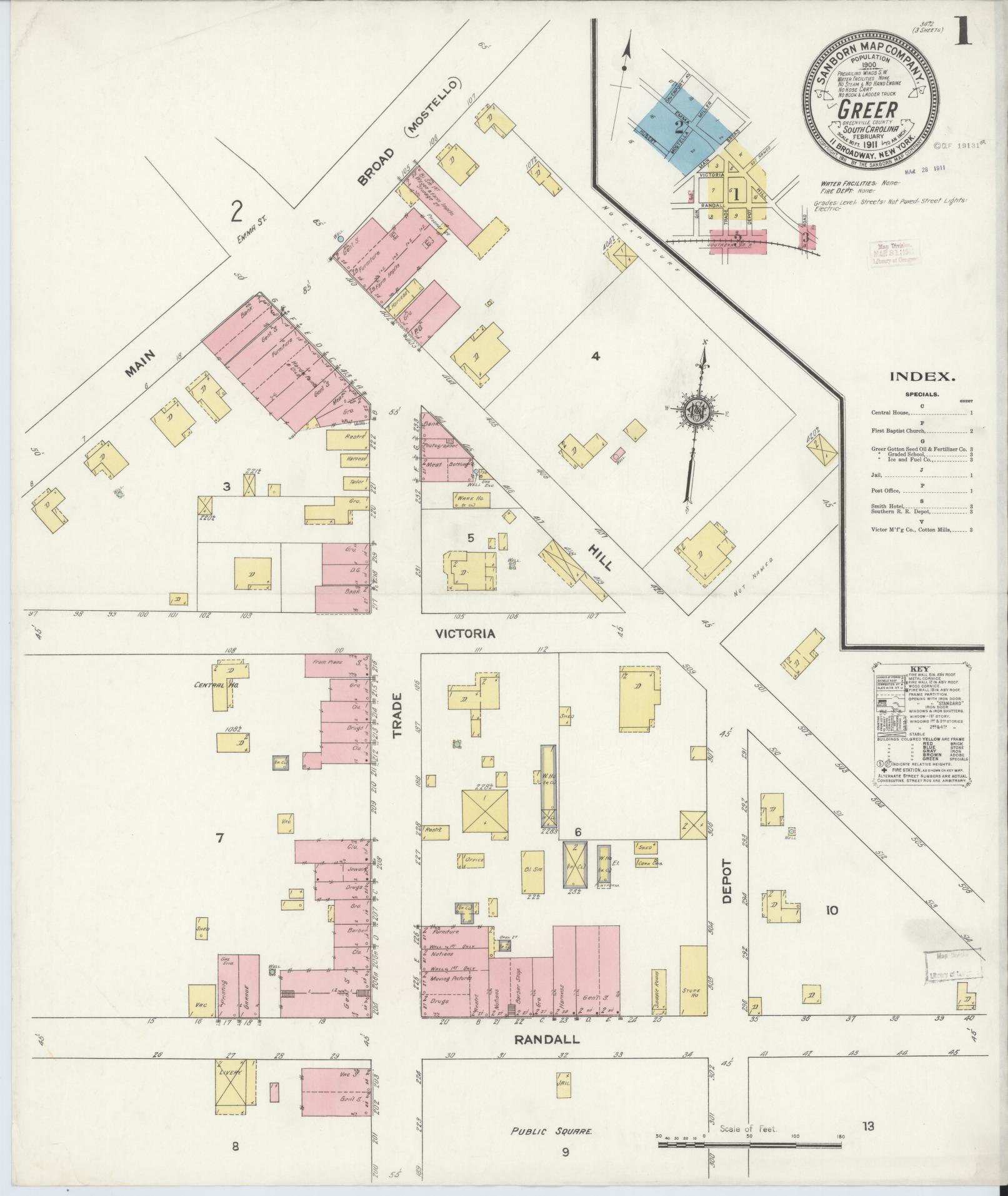Sanborn Fire Insurance Map from Greer, Greenville and Spartanburg Counties, South Carolina (1911), Sheet #0001 - Historic Sanborn Fire Insurance Map Print, vintage old map wall art, antique decor, genealogy gift, South Carolina South Carolina map