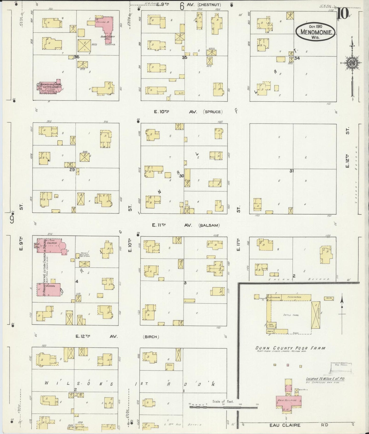 Sanborn Fire Insurance Map from Menomonie, Dunn County, Wisconsin (1910), Sheet #0010 - Historic Sanborn Fire Insurance Map Print, vintage old map wall art, antique decor, genealogy gift, Wisconsin Wisconsin map