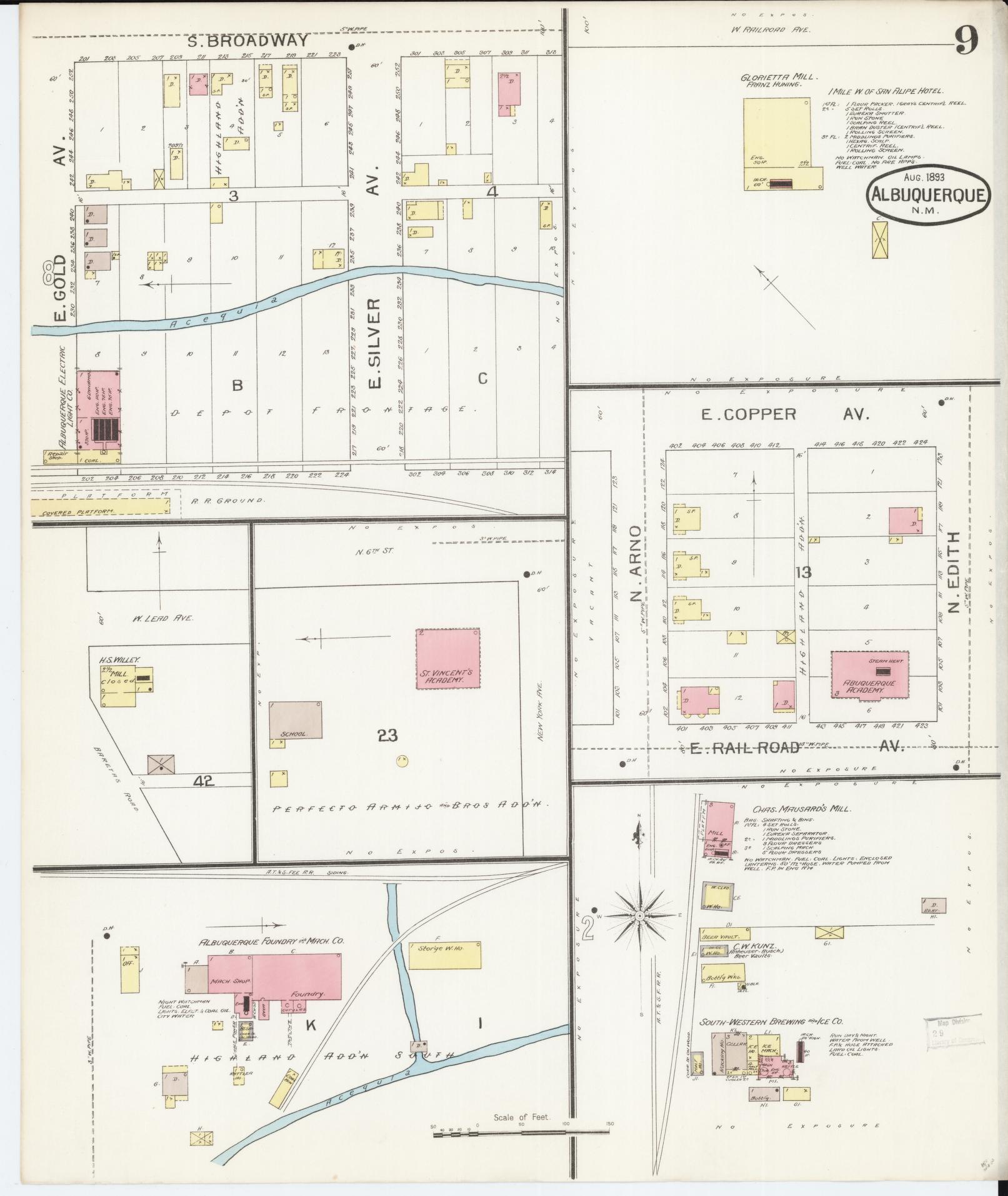 Sanborn Fire Insurance Map from Albuquerque, Bernalillo County, New Mexico (1893), Sheet #0009 - Historic Sanborn Fire Insurance Map Print, vintage old map wall art, antique decor, genealogy gift, New Mexico New Mexico map
