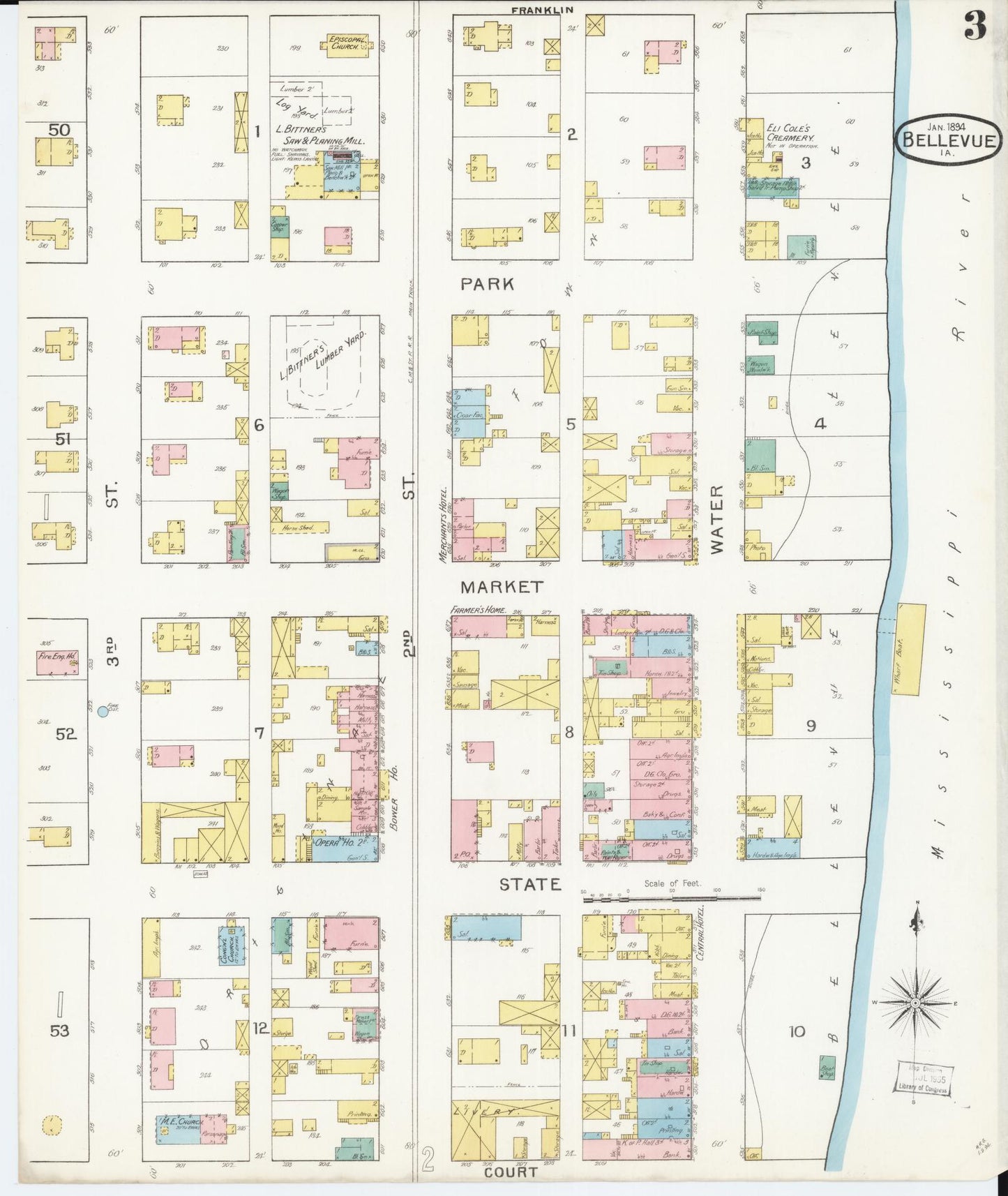 Sanborn Fire Insurance Map from Bellevue, Jackson County, Iowa (1894), Sheet #0003 - Historic Sanborn Fire Insurance Map Print, vintage old map wall art