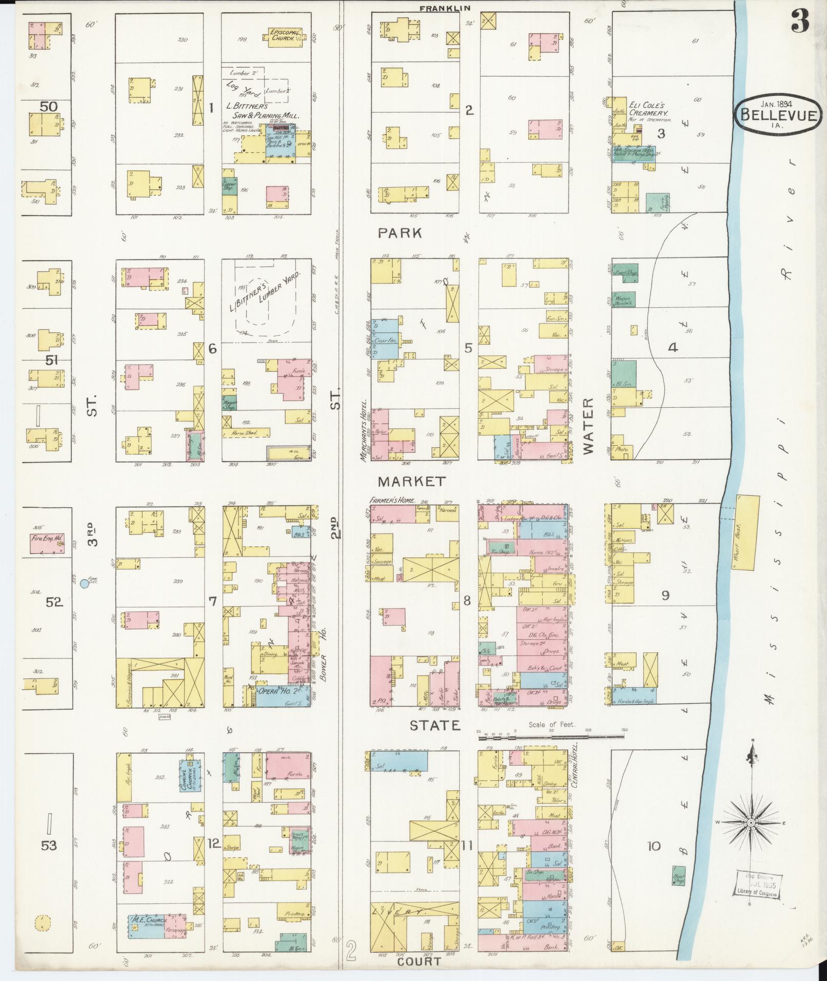 Sanborn Fire Insurance Map from Bellevue, Jackson County, Iowa (1894), Sheet #0003 - Historic Sanborn Fire Insurance Map Print, vintage old map wall art
