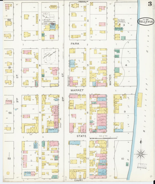 Sanborn Fire Insurance Map from Bellevue, Jackson County, Iowa (1894), Sheet #0003 - Historic Sanborn Fire Insurance Map Print, vintage old map wall art