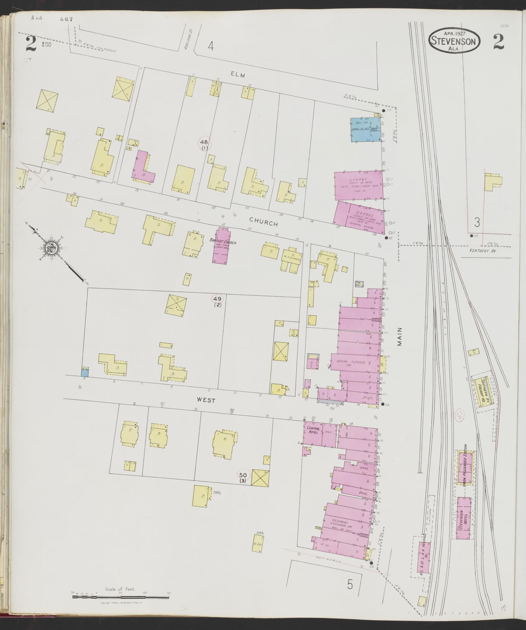 Sanborn Fire Insurance Map from Stevenson, Jackson County, Alabama (1927), Sheet #0002 - Complete Map Set gallery image, historic Sanborn map, vintage wall art, Alabama Alabama