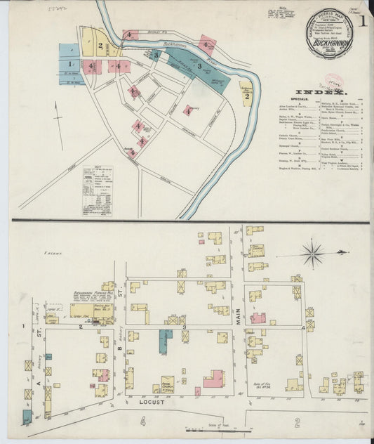 Sanborn Fire Insurance Map from Buckhannon, Upshur County, West Virginia (1894), Sheet #0001 - Historic Sanborn Fire Insurance Map Print, vintage old map wall art, antique decor, genealogy gift, West Virginia West Virginia map