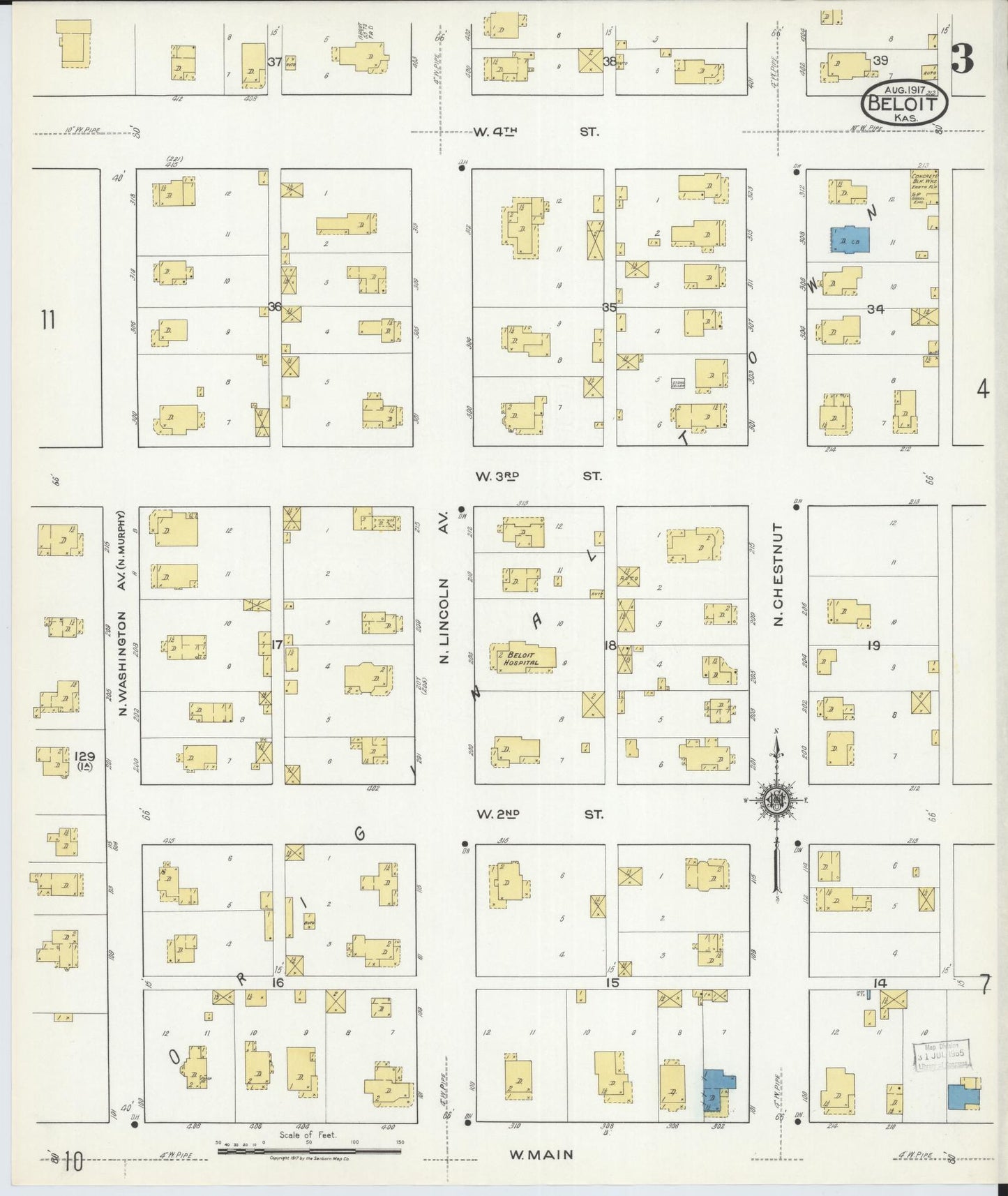Sanborn Fire Insurance Map from Beloit, Mitchell County, Kansas (1917), Sheet #0003 - Complete Map Set gallery image, historic Sanborn map, vintage wall art, Kansas Kansas