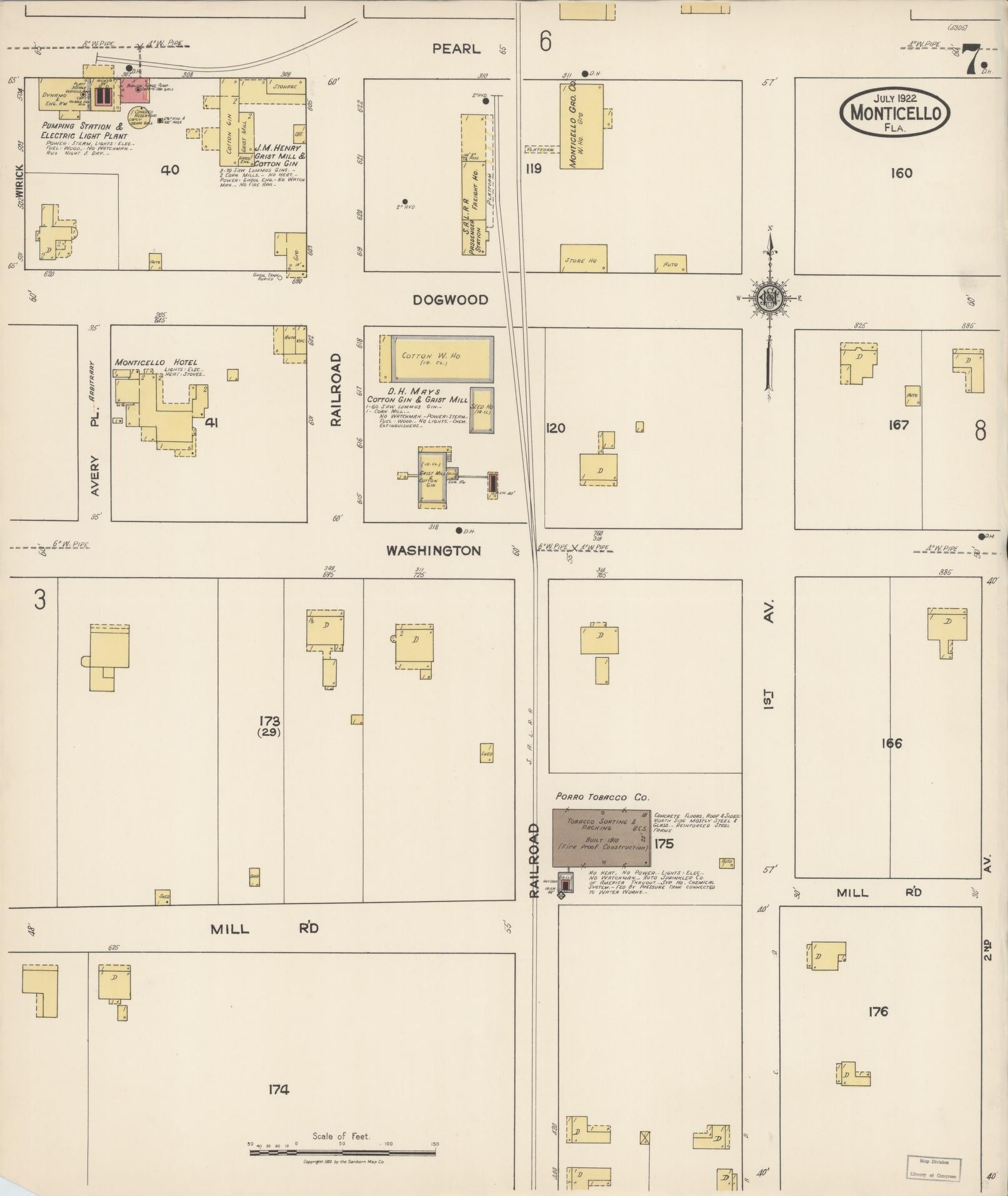 Sanborn Fire Insurance Map from Monticello, Jefferson County, Florida (1922), Sheet #0007 - Complete Map Set gallery image, historic Sanborn map, vintage wall art, Florida Florida