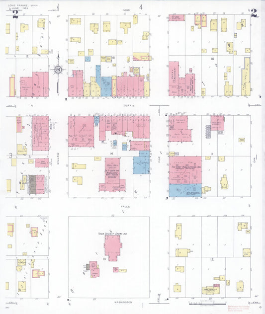 Sanborn Fire Insurance Map from Long Prairie, Todd County, Minnesota (1933), Sheet #0002 - Historic Sanborn Fire Insurance Map Print, vintage old map wall art, antique decor, genealogy gift, Minnesota Minnesota map