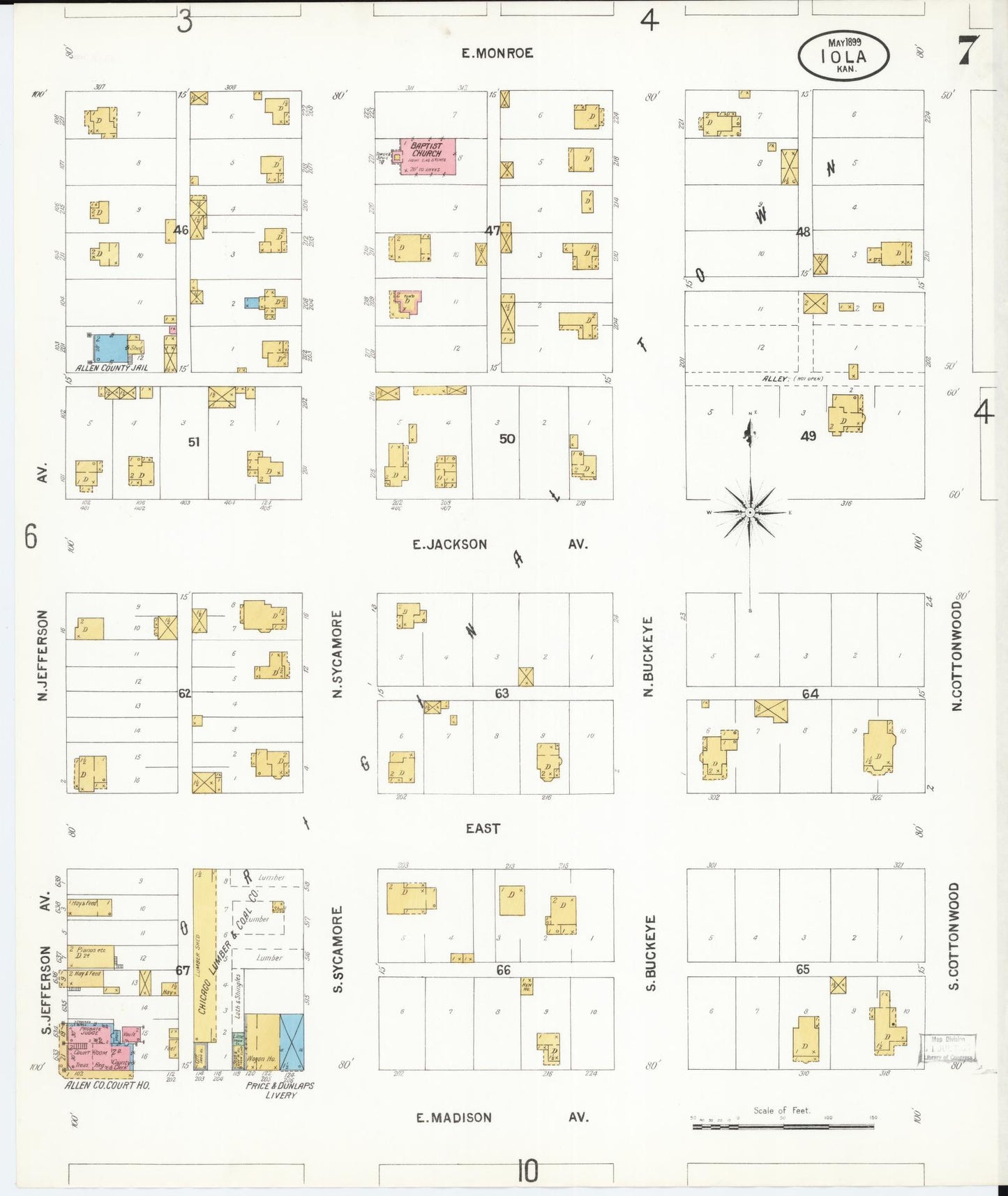 Sanborn Fire Insurance Map from Iola, Allen County, Kansas (1899), Sheet #0007 - Complete Map Set gallery image, historic Sanborn map, vintage wall art, Kansas Kansas