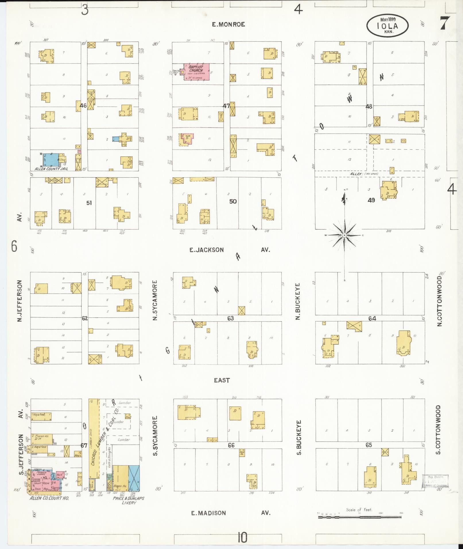 Sanborn Fire Insurance Map from Iola, Allen County, Kansas (1899), Sheet #0007 - Complete Map Set gallery image, historic Sanborn map, vintage wall art, Kansas Kansas