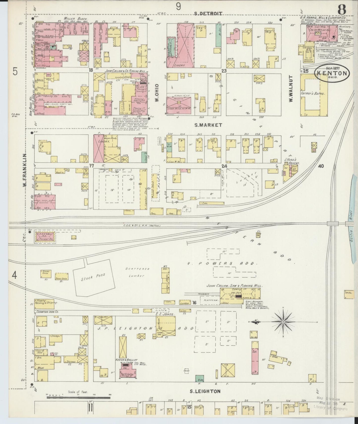 Sanborn Fire Insurance Map from Kenton, Hardin County, Ohio (1897), Sheet #0008 - Historic Sanborn Fire Insurance Map Print, vintage old map wall art, antique decor, genealogy gift, Ohio Ohio map