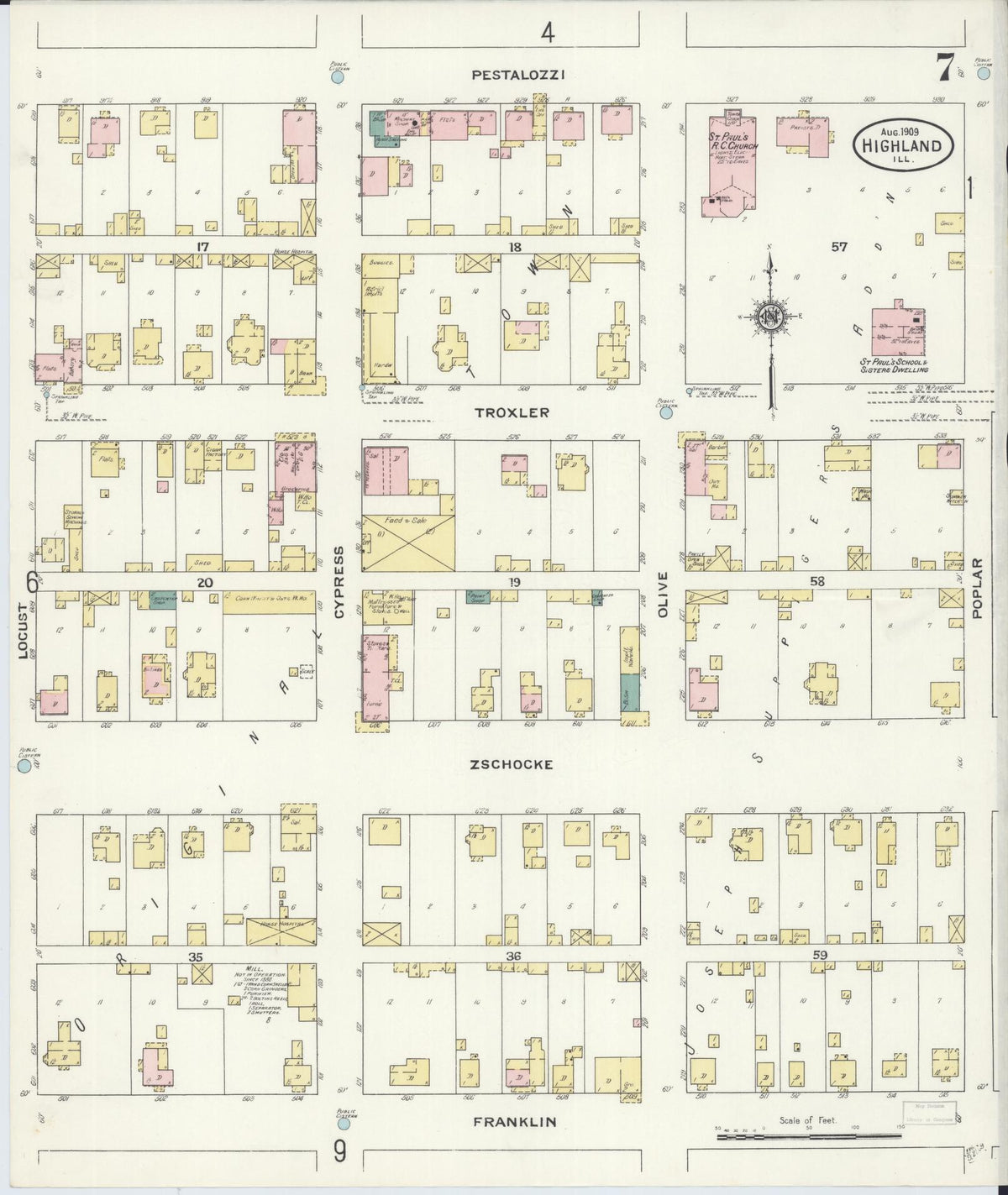 Sanborn Fire Insurance Map from Highland, Madison County, Illinois (1908), Sheet #0007 - Historic Sanborn Fire Insurance Map Print, vintage old map wall art, antique decor, genealogy gift, Illinois Illinois map