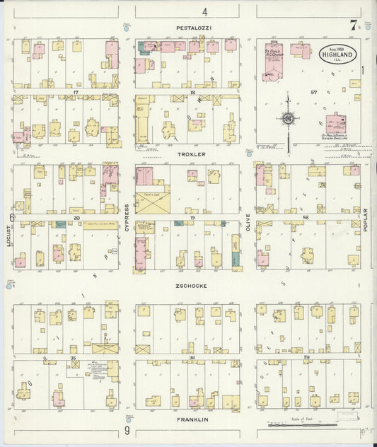 Sanborn Fire Insurance Map from Highland, Madison County, Illinois (1908), Sheet #0007 - Historic Sanborn Fire Insurance Map Print, vintage old map wall art, antique decor, genealogy gift, Illinois Illinois map