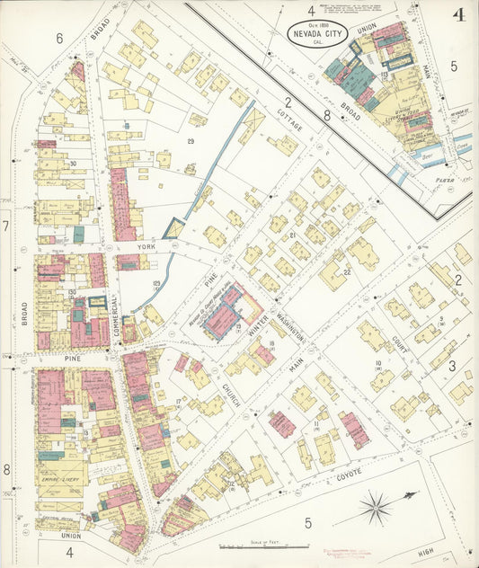 Sanborn Fire Insurance Map from Nevada City, Nevada County, California (1898), Sheet #0004 - Historic Sanborn Fire Insurance Map Print, vintage old map wall art, antique decor, genealogy gift, Nevada City Nevada map
