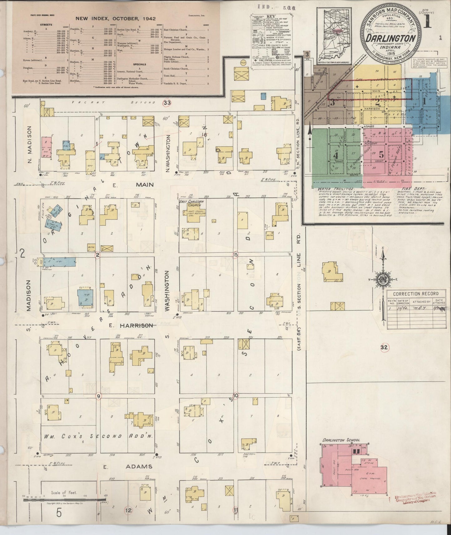 Sanborn Fire Insurance Map from Darlington, Montgomery County, Indiana (1942), Sheet #0001 - Historic Sanborn Fire Insurance Map Print, vintage old map wall art, antique decor, genealogy gift, Indiana Indiana map