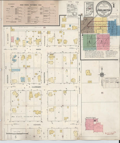Sanborn Fire Insurance Map from Darlington, Montgomery County, Indiana (1942), Sheet #0001 - Historic Sanborn Fire Insurance Map Print, vintage old map wall art, antique decor, genealogy gift, Indiana Indiana map