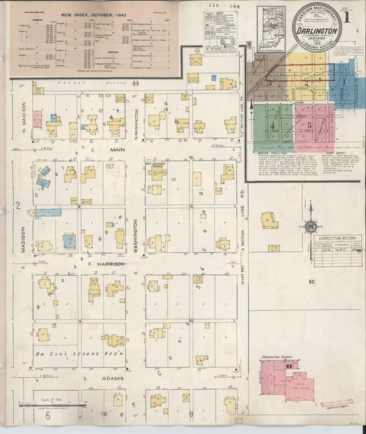 Sanborn Fire Insurance Map from Darlington, Montgomery County, Indiana (1942), Sheet #0001 - Historic Sanborn Fire Insurance Map Print, vintage old map wall art, antique decor, genealogy gift, Indiana Indiana map
