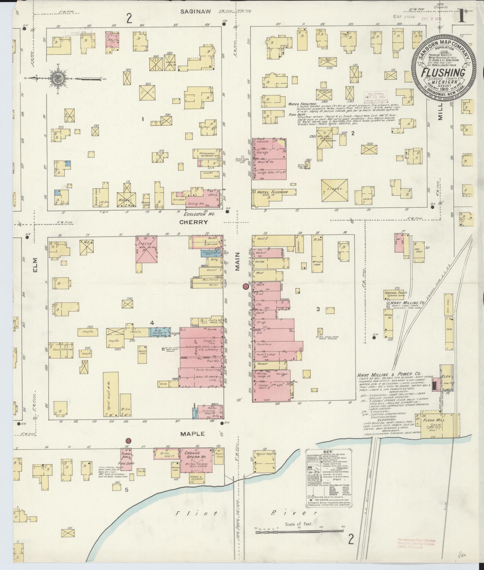 Sanborn Fire Insurance Map from Flushing, Genesee County, Michigan (1910), Sheet #0001 - Complete Map Set gallery image, historic Sanborn map, vintage wall art, Michigan Michigan