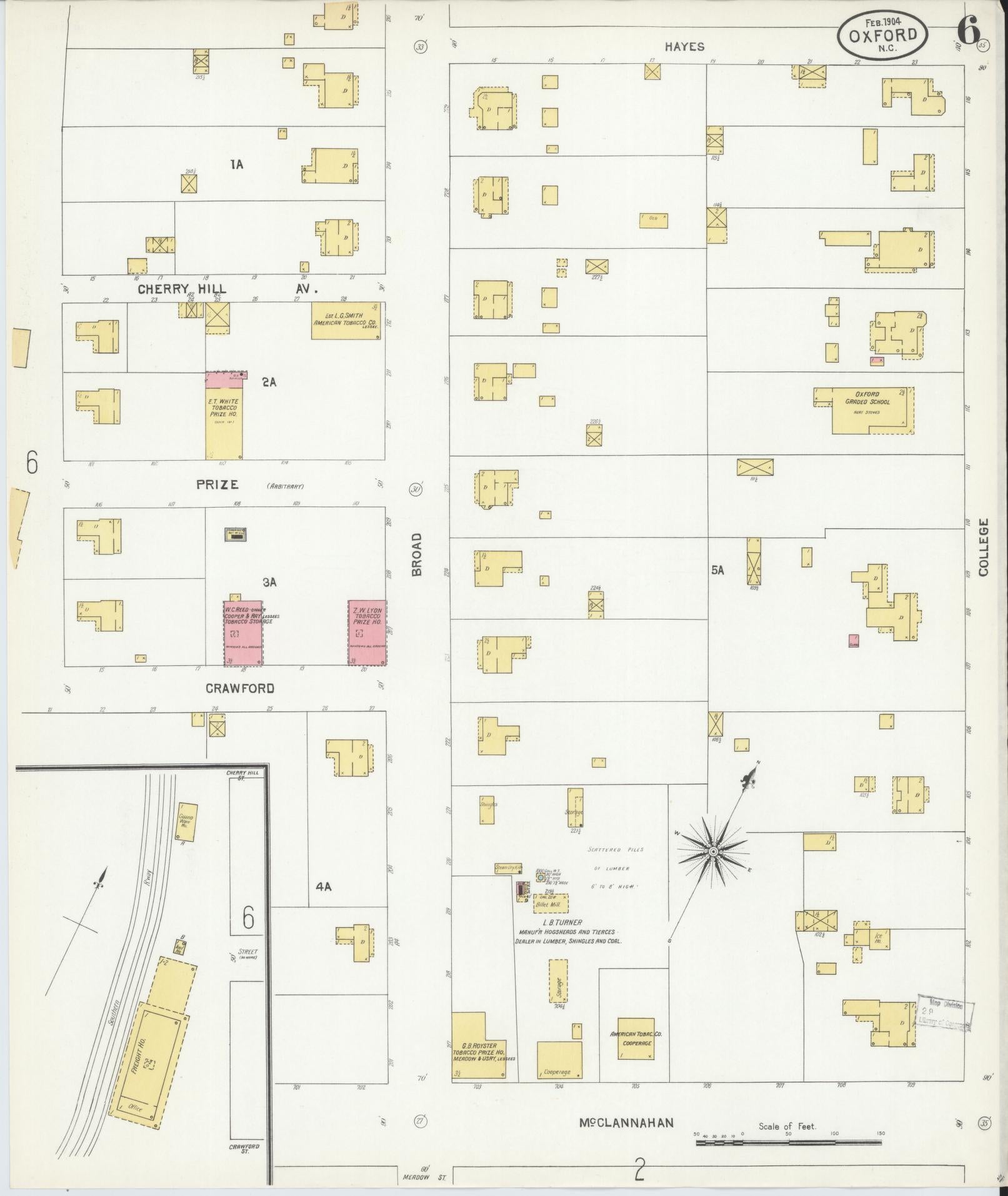 Sanborn Fire Insurance Map from Oxford, Granville County, North Carolina (1904), Sheet #0006 - Historic Sanborn Fire Insurance Map Print, vintage old map wall art, antique decor, genealogy gift, North Carolina North Carolina map