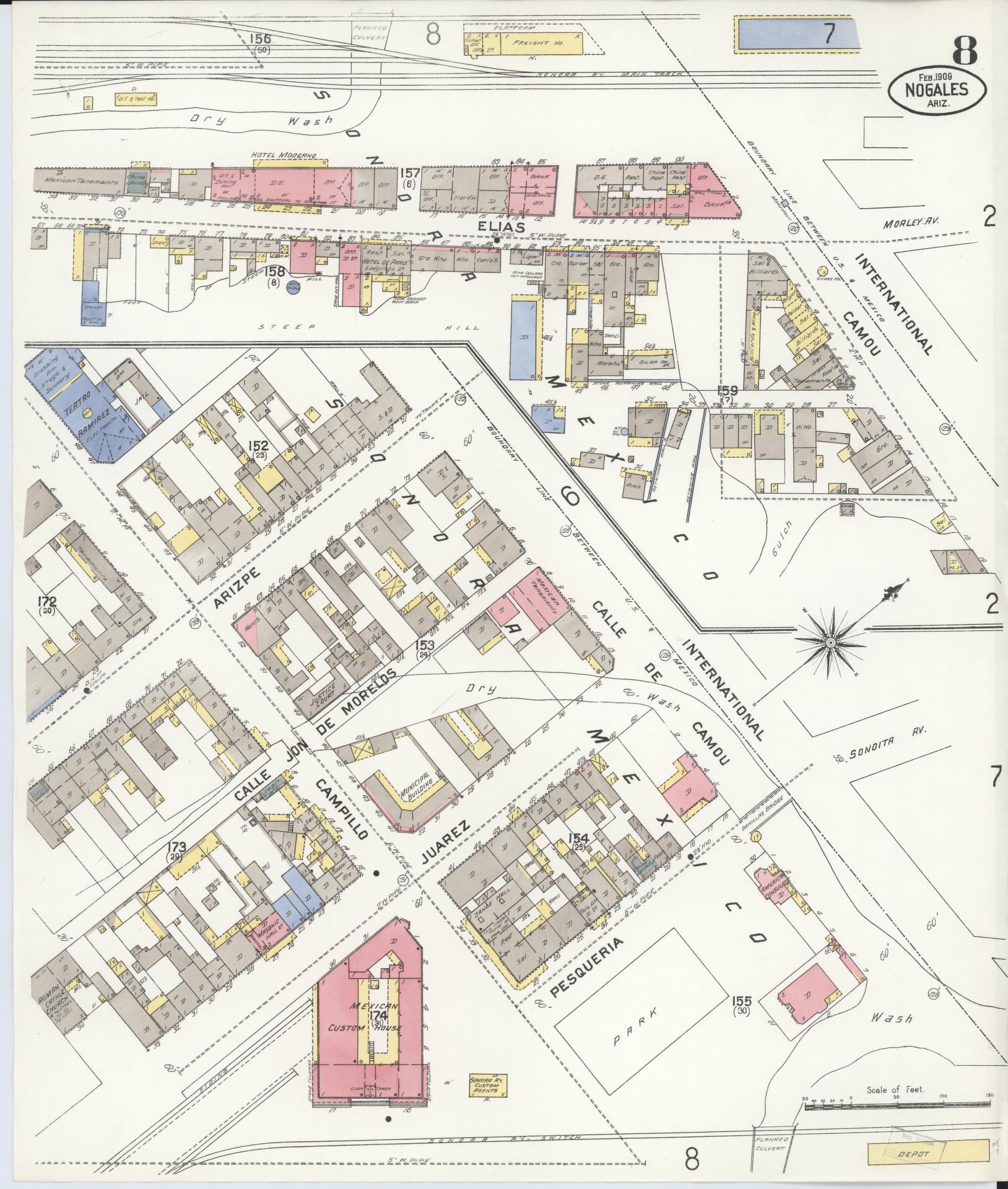 Sanborn Fire Insurance Map from Nogales, Santa Cruz County, Arizona (1909), Sheet #0008 - Complete Map Set gallery image, historic Sanborn map, vintage wall art, Arizona Arizona