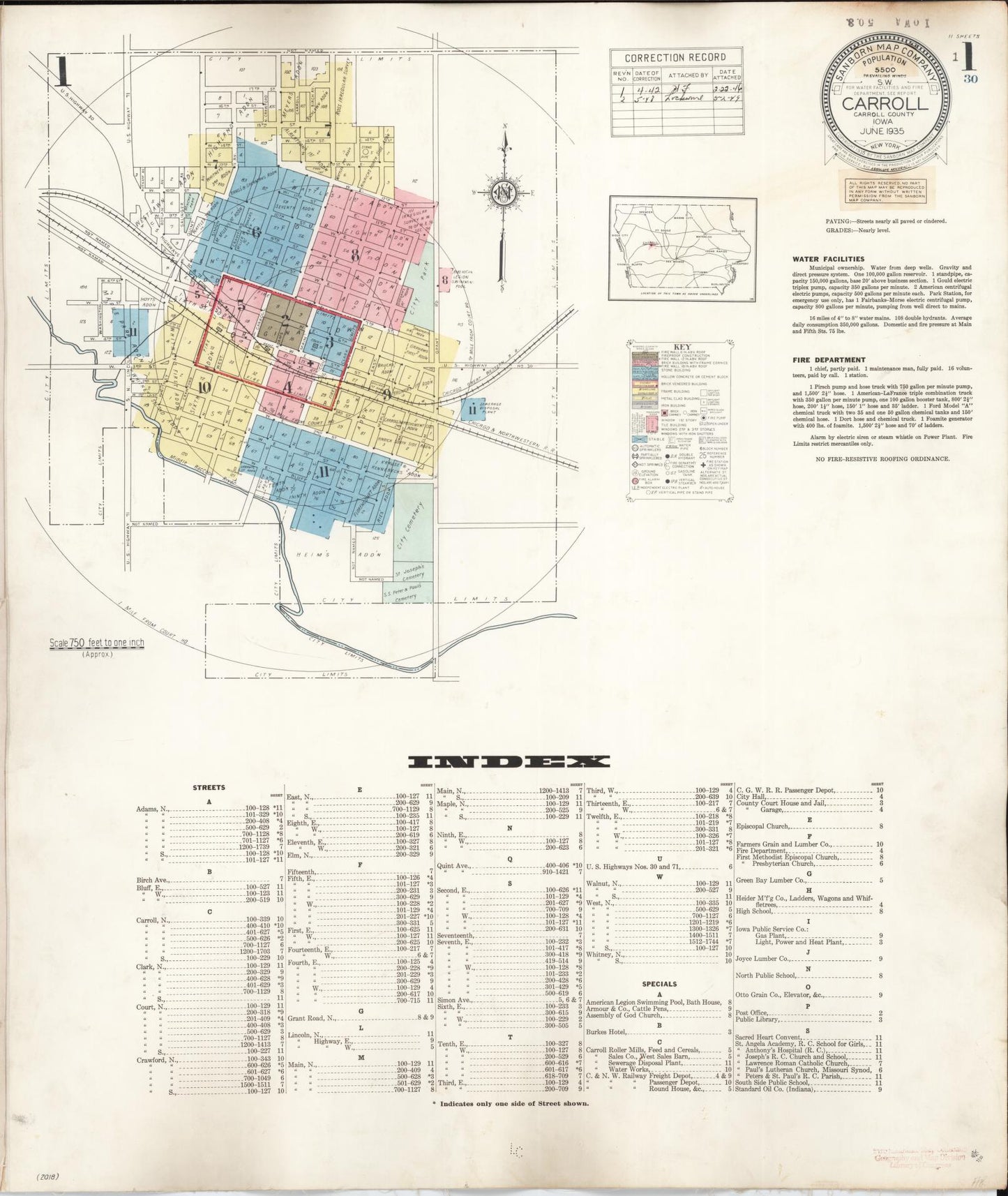 Sanborn Fire Insurance Map from Carroll, Carroll County, Iowa (1948), Sheet #0001 - Historic Sanborn Fire Insurance Map Print, vintage old map wall art