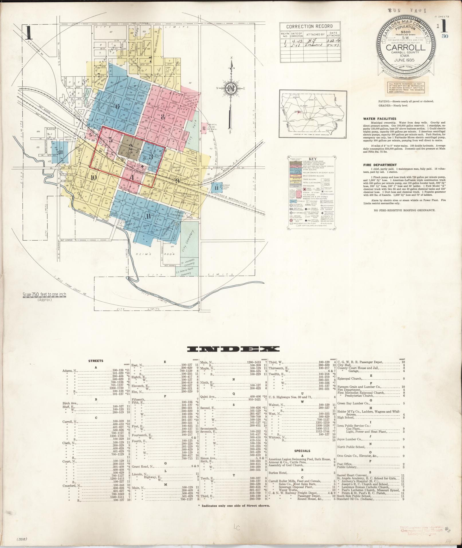 Sanborn Fire Insurance Map from Carroll, Carroll County, Iowa (1948), Sheet #0001 - Historic Sanborn Fire Insurance Map Print, vintage old map wall art