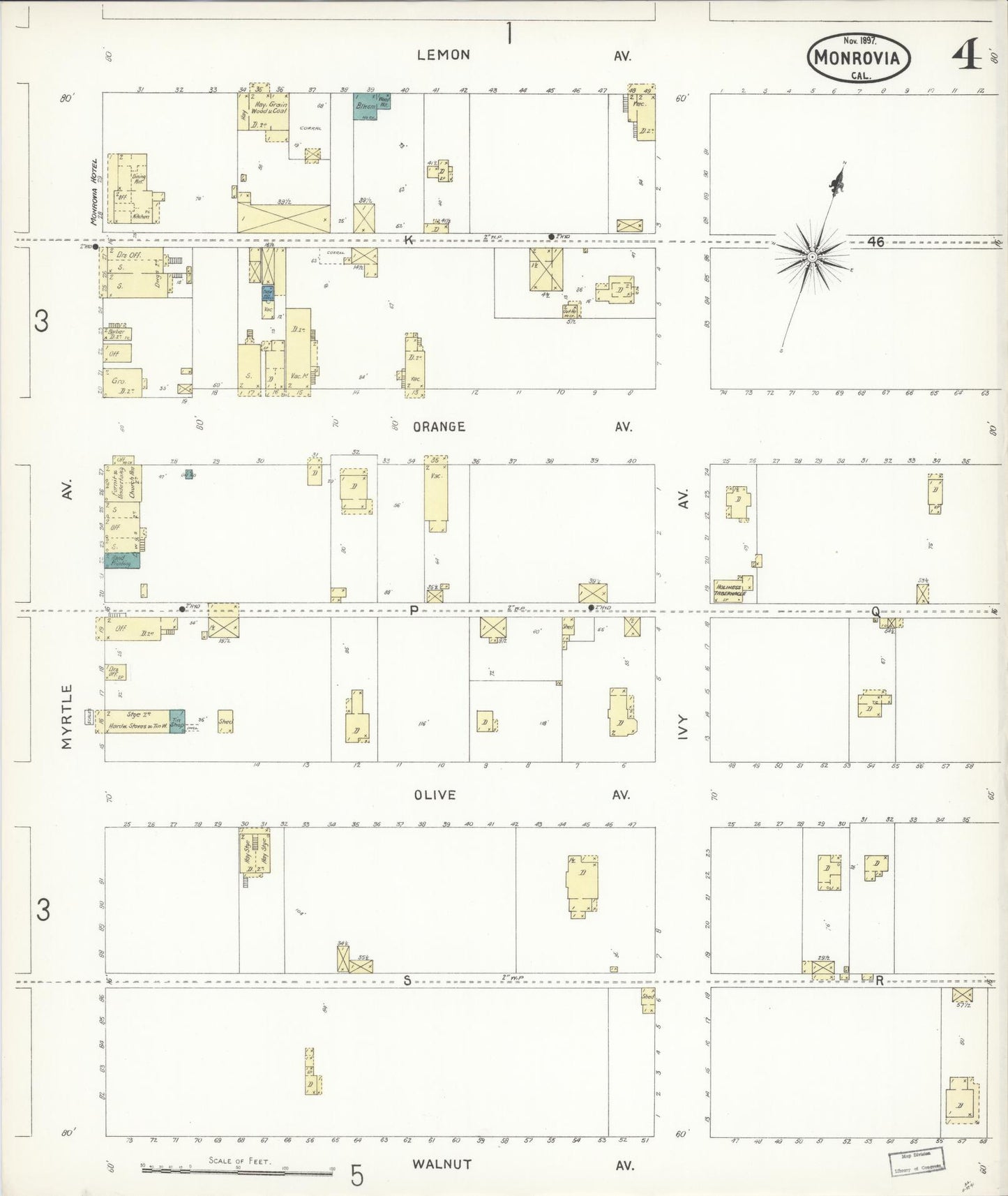 Sanborn Fire Insurance Map from Monrovia, Los Angeles County, California (1897), Sheet #0004 - Historic Sanborn Fire Insurance Map Print, vintage old map wall art, antique decor, genealogy gift, California California map
