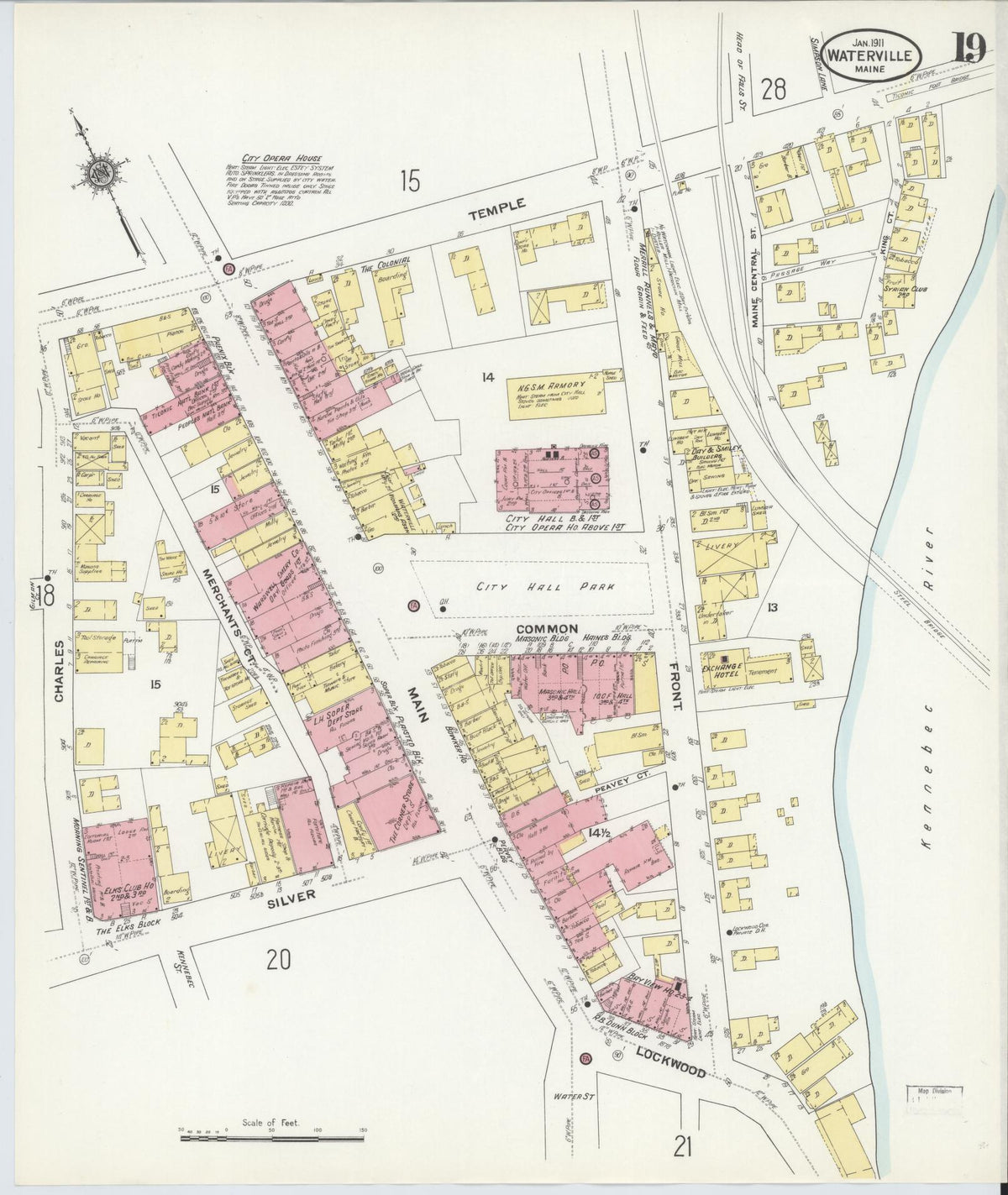 Sanborn Fire Insurance Map from Waterville, Kennebec County, Maine (1911), Sheet #0019 - Historic Sanborn Fire Insurance Map Print, vintage old map wall art, antique decor, genealogy gift, Maine Maine map