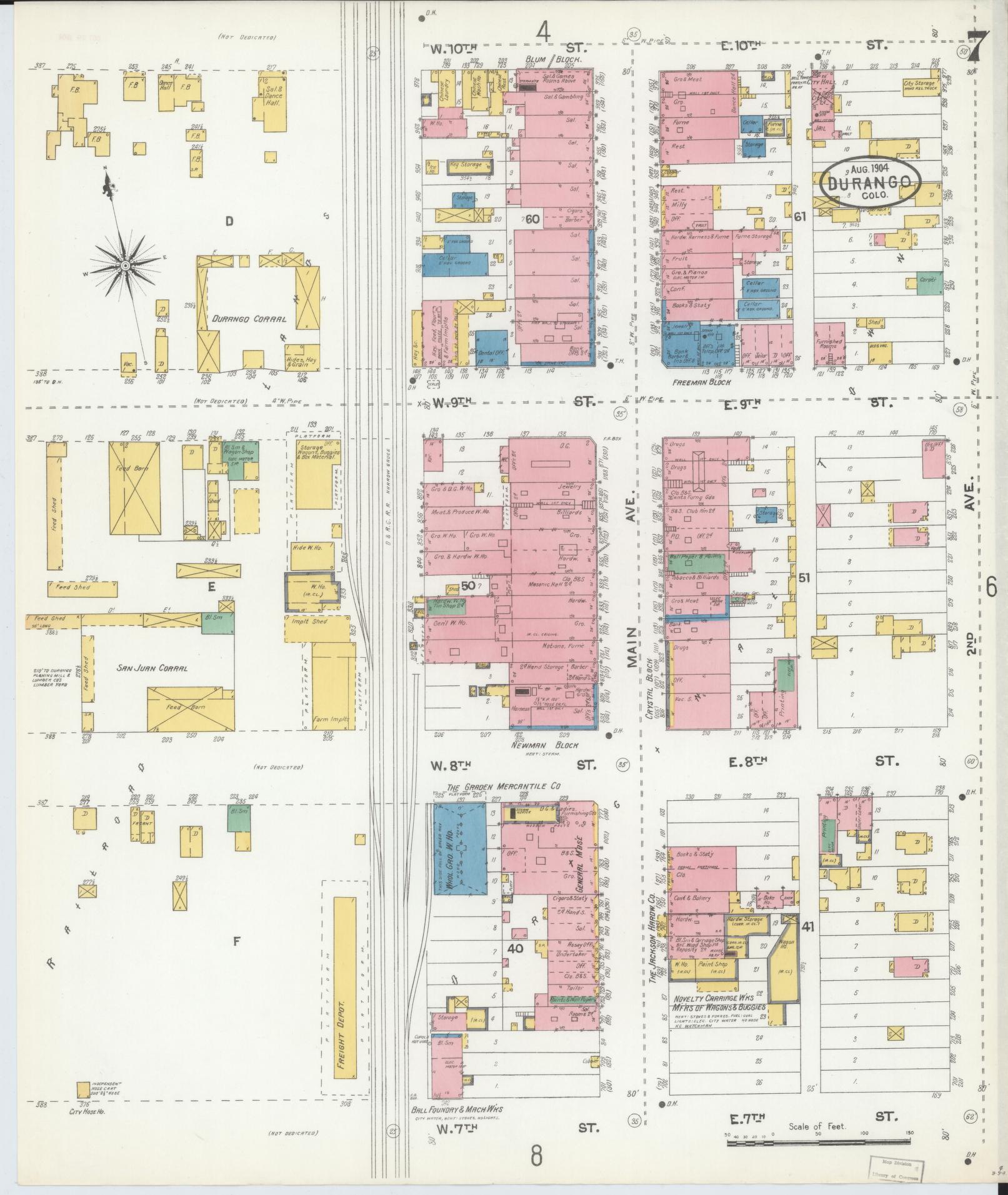 Sanborn Fire Insurance Map from Durango, La Plata County, Colorado (1904), Sheet #0007 - Complete Map Set gallery image, historic Sanborn map, vintage wall art, Colorado Colorado