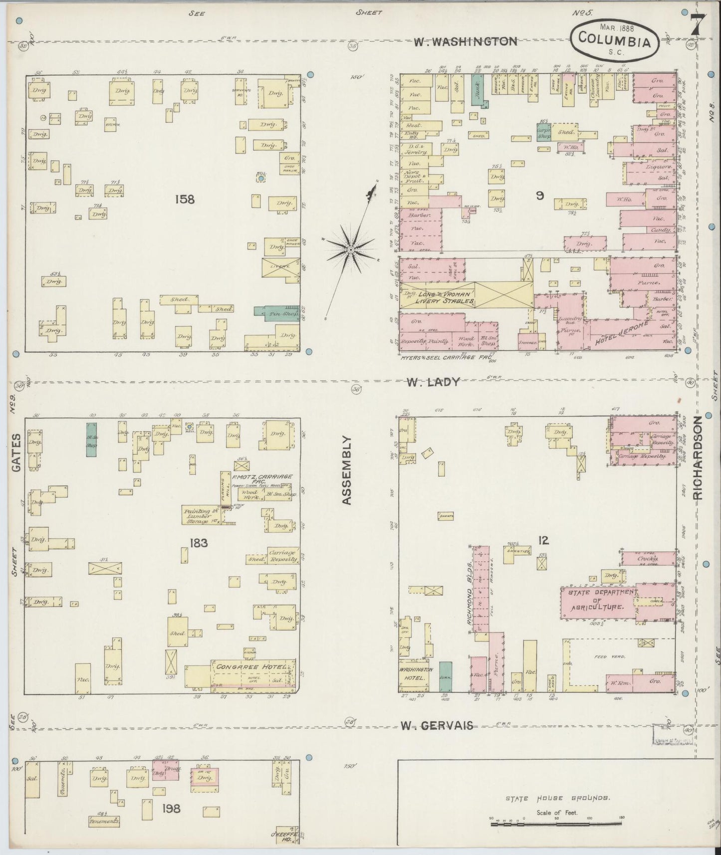 Sanborn Fire Insurance Map from Columbia, Richland County, South Carolina (1888), Sheet #0007 - Complete Map Set gallery image, historic Sanborn map, vintage wall art, South Carolina South Carolina