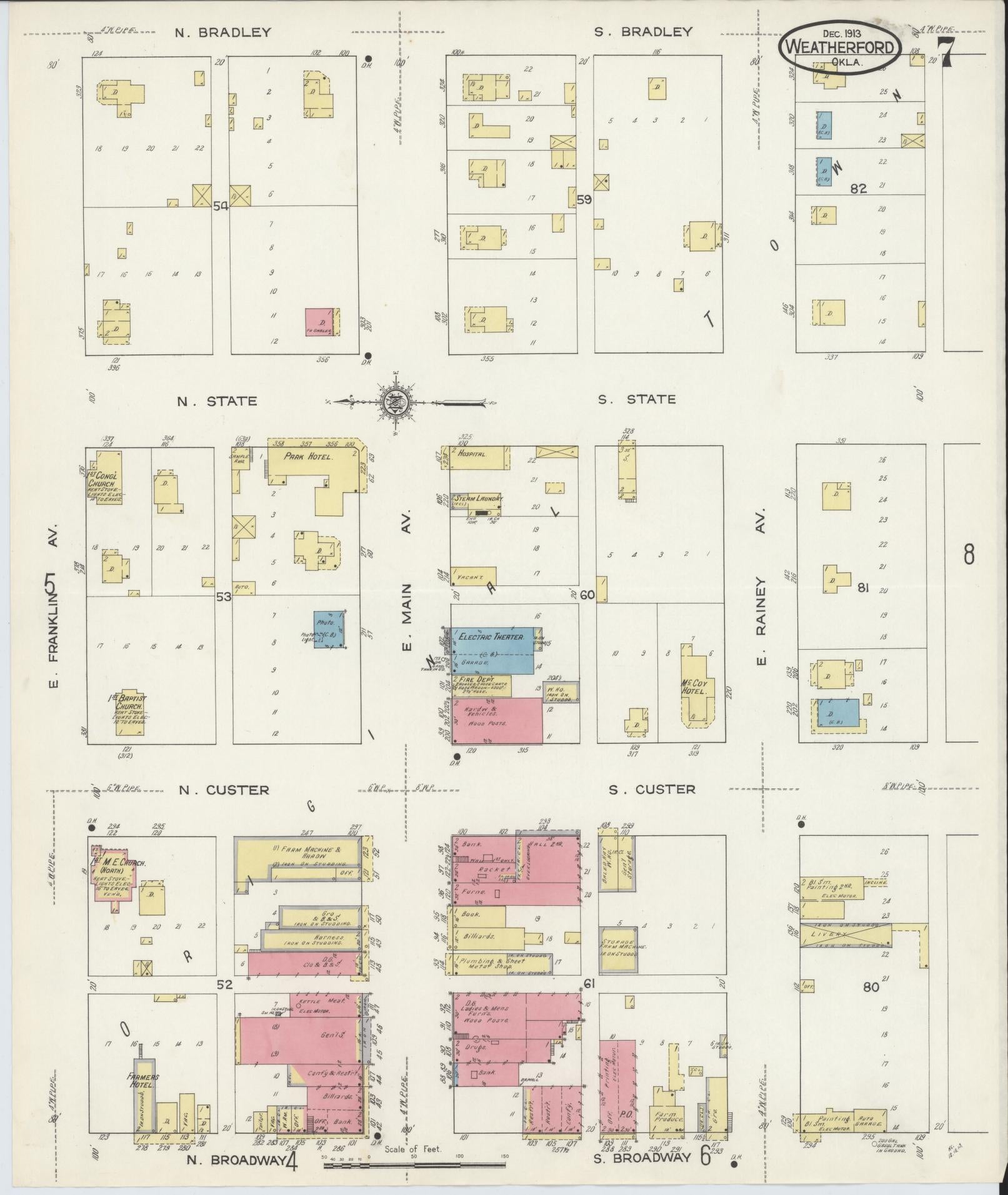 Sanborn Fire Insurance Map from Weatherford, Custer County, Oklahoma (1913), Sheet #0007 - Complete Map Set gallery image, historic Sanborn map, vintage wall art, Oklahoma Oklahoma