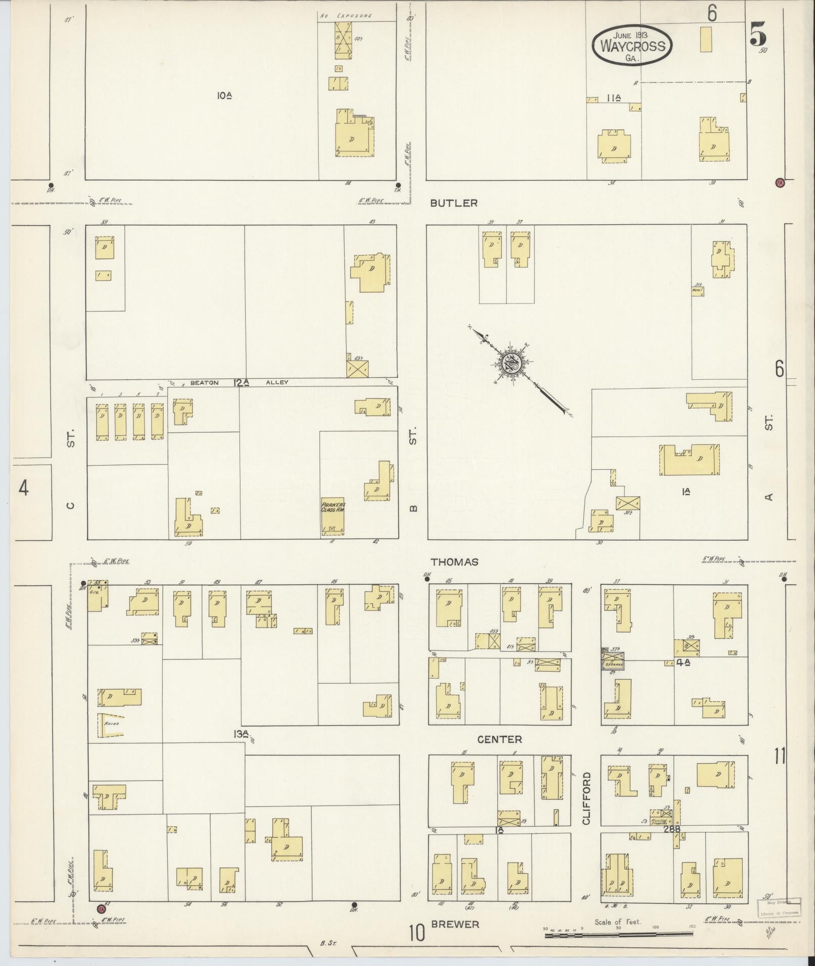 Sanborn Fire Insurance Map from Waycross, Ware County, Georgia (1913), Sheet #0005 - Historic Sanborn Fire Insurance Map Print, vintage old map wall art, antique decor, genealogy gift, Georgia Georgia map