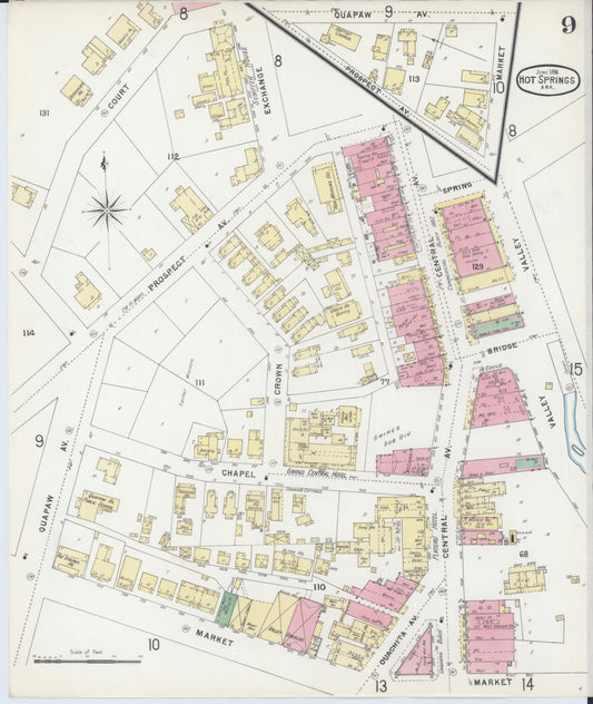 Sanborn Fire Insurance Map from Hot Springs, Garland County, Arkansas (1896), Sheet #0009 - Historic Sanborn Fire Insurance Map Print, vintage old map wall art, antique decor, genealogy gift, Arkansas Arkansas map