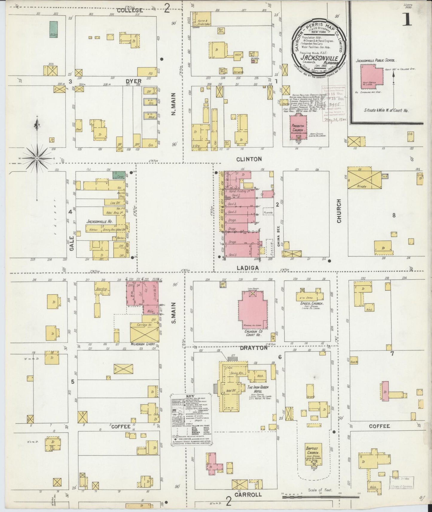 Sanborn Fire Insurance Map from Jacksonville, Calhoun County, Alabama (1900), Sheet #0001 - Complete Map Set gallery image, historic Sanborn map, vintage wall art, Alabama Alabama