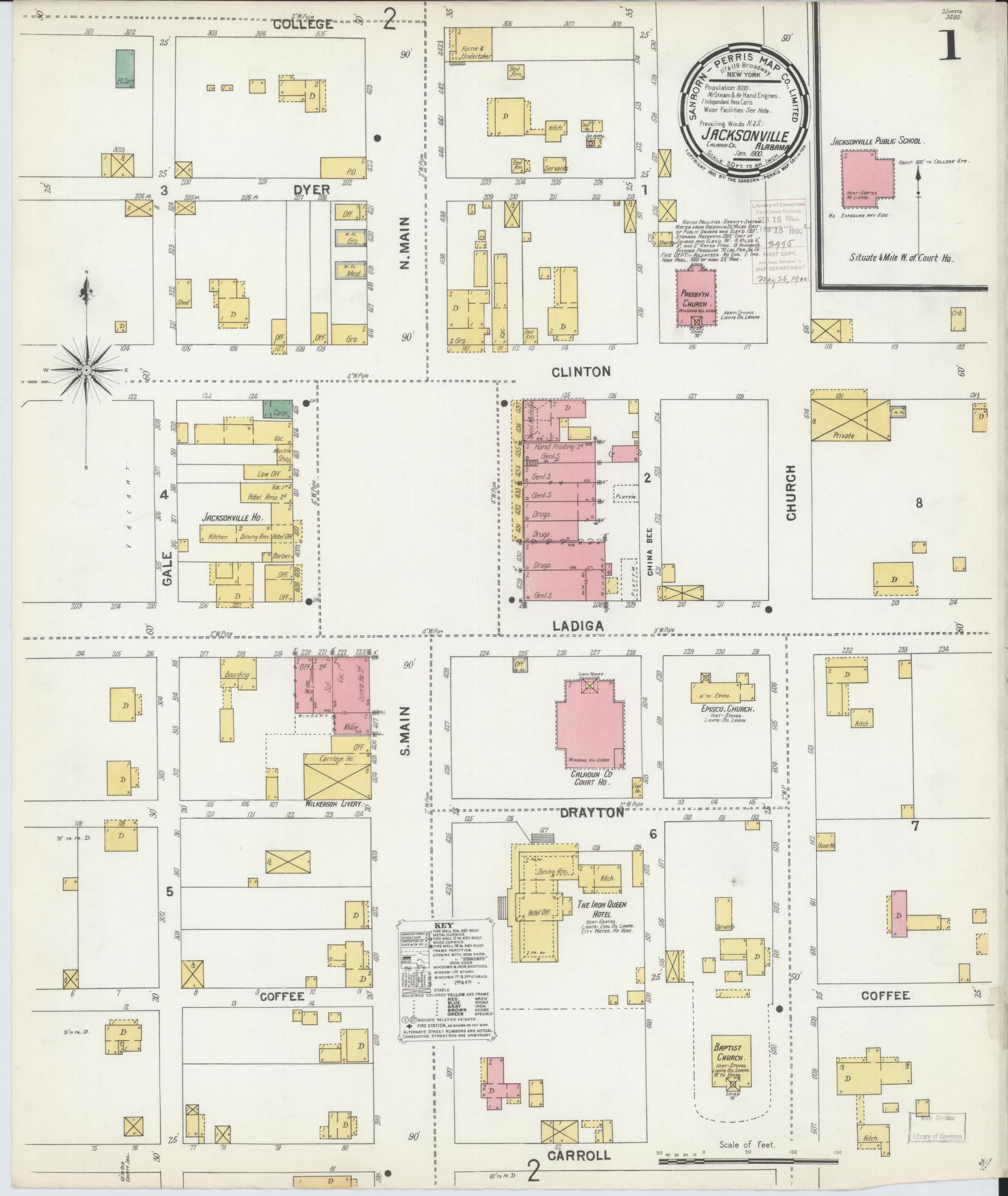 Sanborn Fire Insurance Map from Jacksonville, Calhoun County, Alabama (1900), Sheet #0001 - Complete Map Set gallery image, historic Sanborn map, vintage wall art, Alabama Alabama